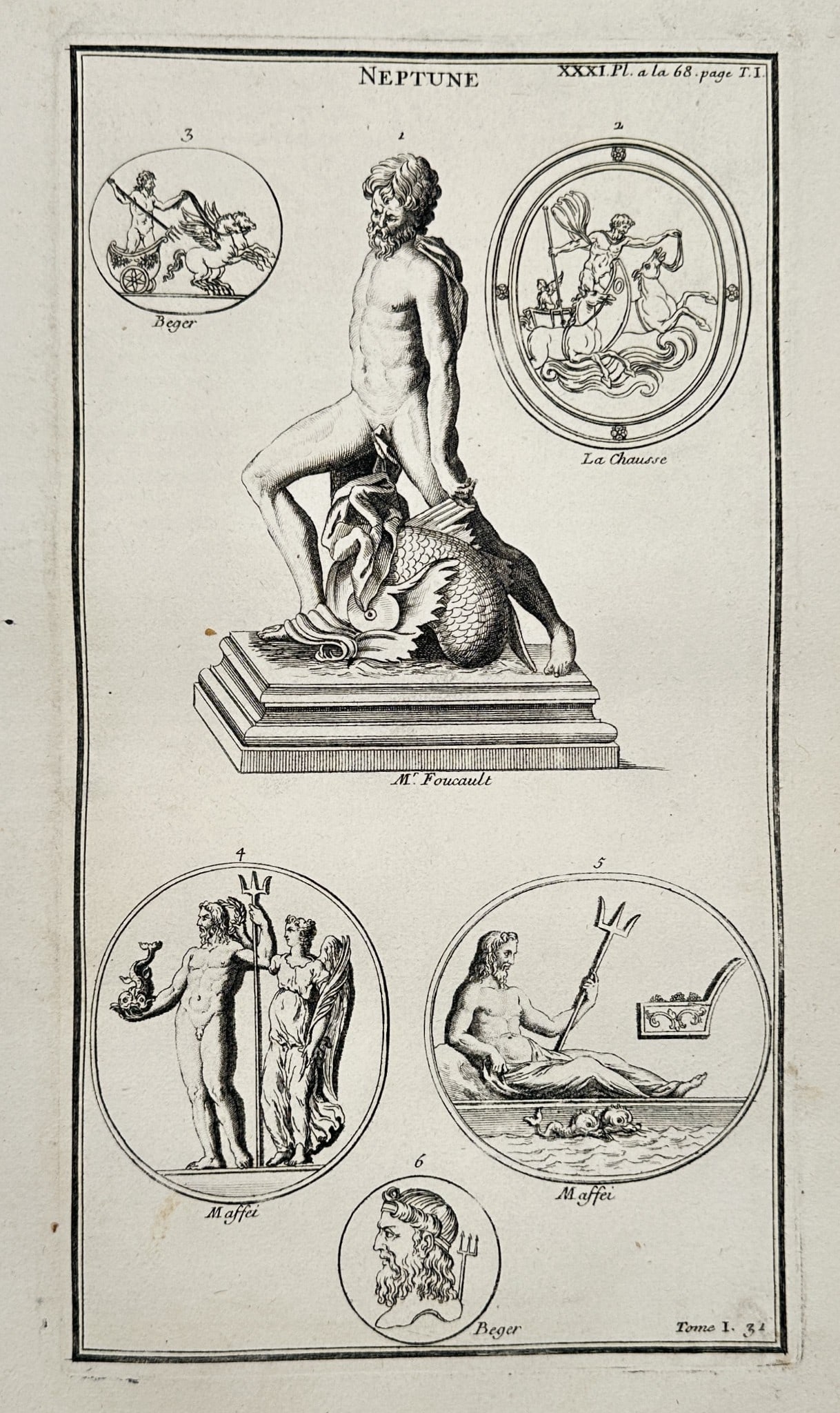 Bernard de Montfaucon (1655–1741) – Neptune and Minor Sea Deities – Engraving: This detailed engraving is from the comprehensive archaeological treatise, L'Antiquité expliquée et représentée en figures (Antiquity Explained and Represented in Figures). The main subject, title
