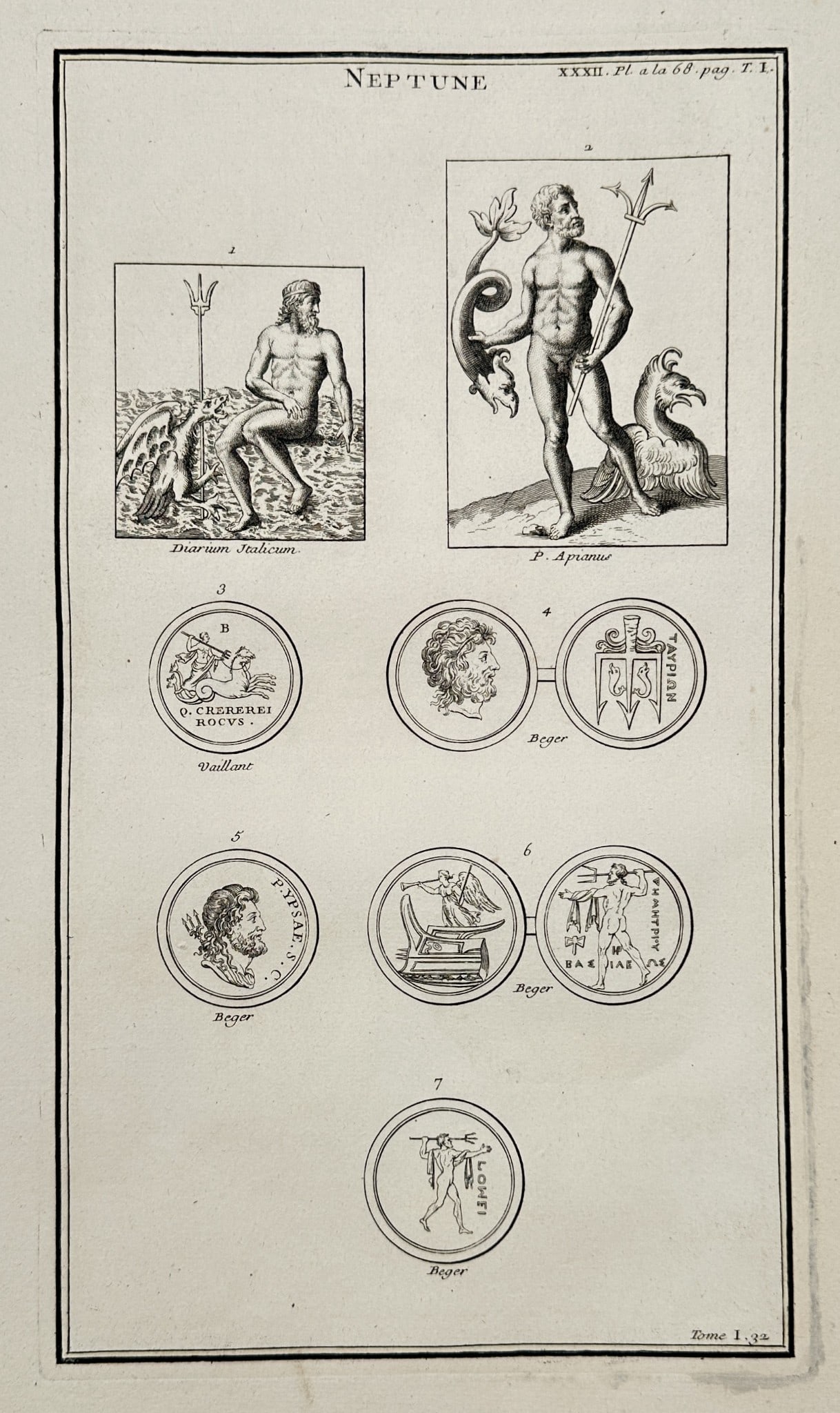 Bernard de Montfaucon (1655–1741) – Representations of Neptune on Sculptures: This detailed engraving is Plate XXXII from the comprehensive archaeological treatise, L'Antiquité expliquée et représentée en figures (Antiquity Explained and Represented in Figures). The heading