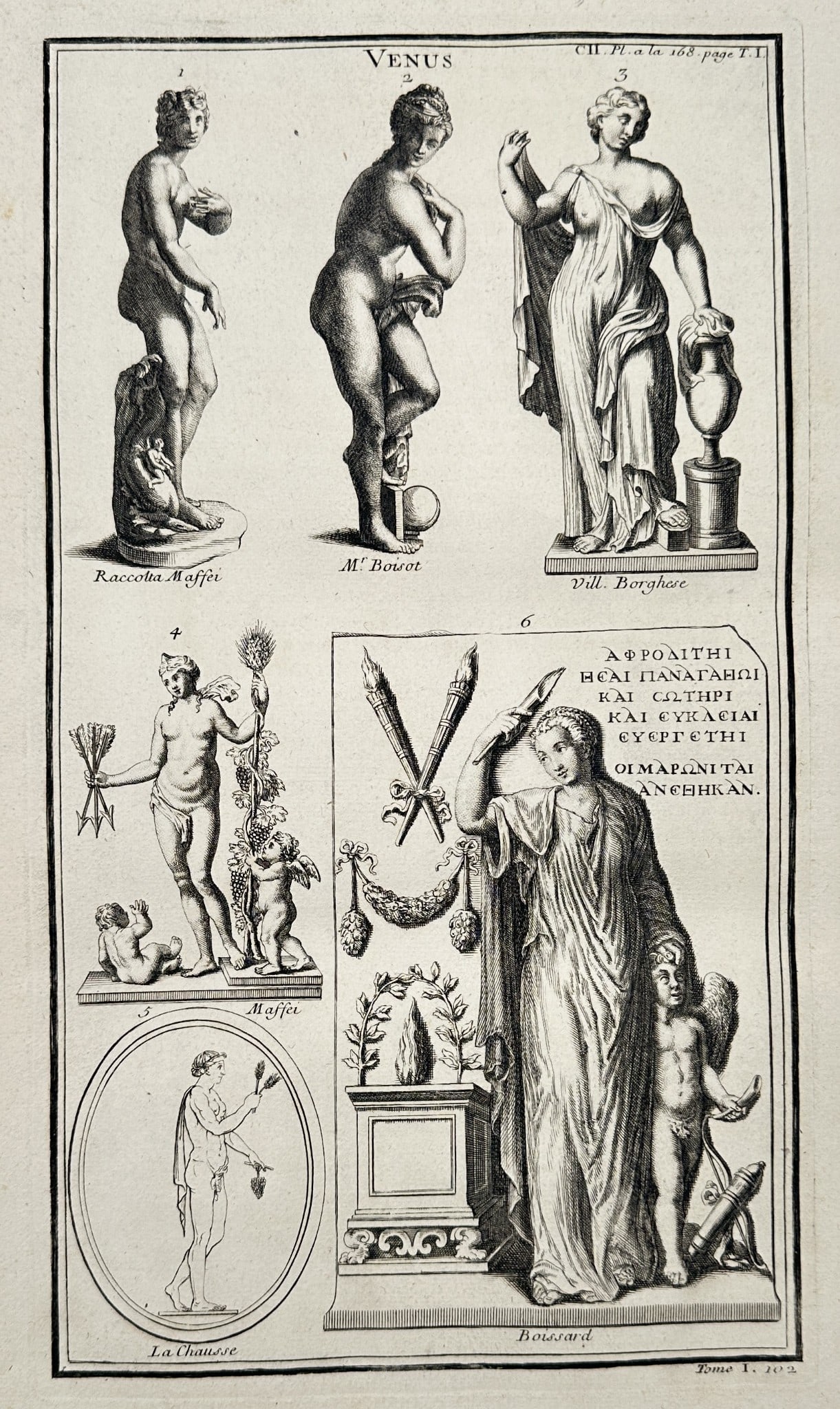 Bernard de Montfaucon (1655–1741) – Figures and Symbols of Venus and Marine: This detailed engraving is Plate XXX from the comprehensive archaeological treatise, L'Antiquité expliquée et représentée en figures (Antiquity Explained and Represented in Figures). The main head