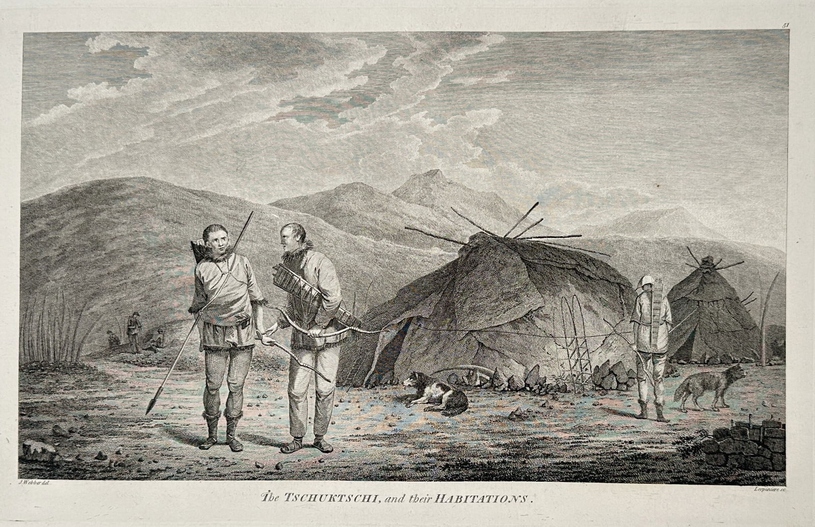 John Webber (1751–1793) – The Tschuktschi and their Habitations – Large Folio: This engraving, titled The Tschuktschi and their Habitations, is an ethnographic and topographical scene depicting the indigenous people and dwellings of the Chukchi Peninsula, Siberia (Russia). The f