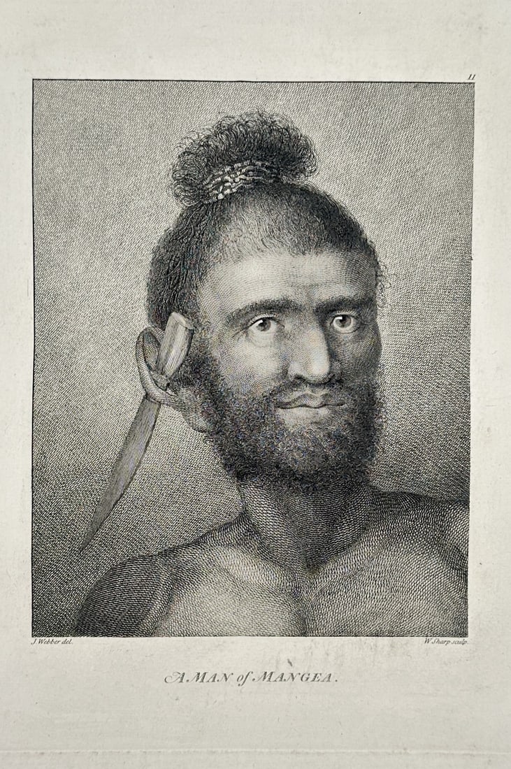 John Webber (1751–1793) – A Man of Mangia – Large Folio (1784): This engraving is a close head-and-shoulders portrait titled A Man of Mangia. The figure is depicted with a distinctive hairstyle, with hair tied in a bun atop his head, and notable cultural practices