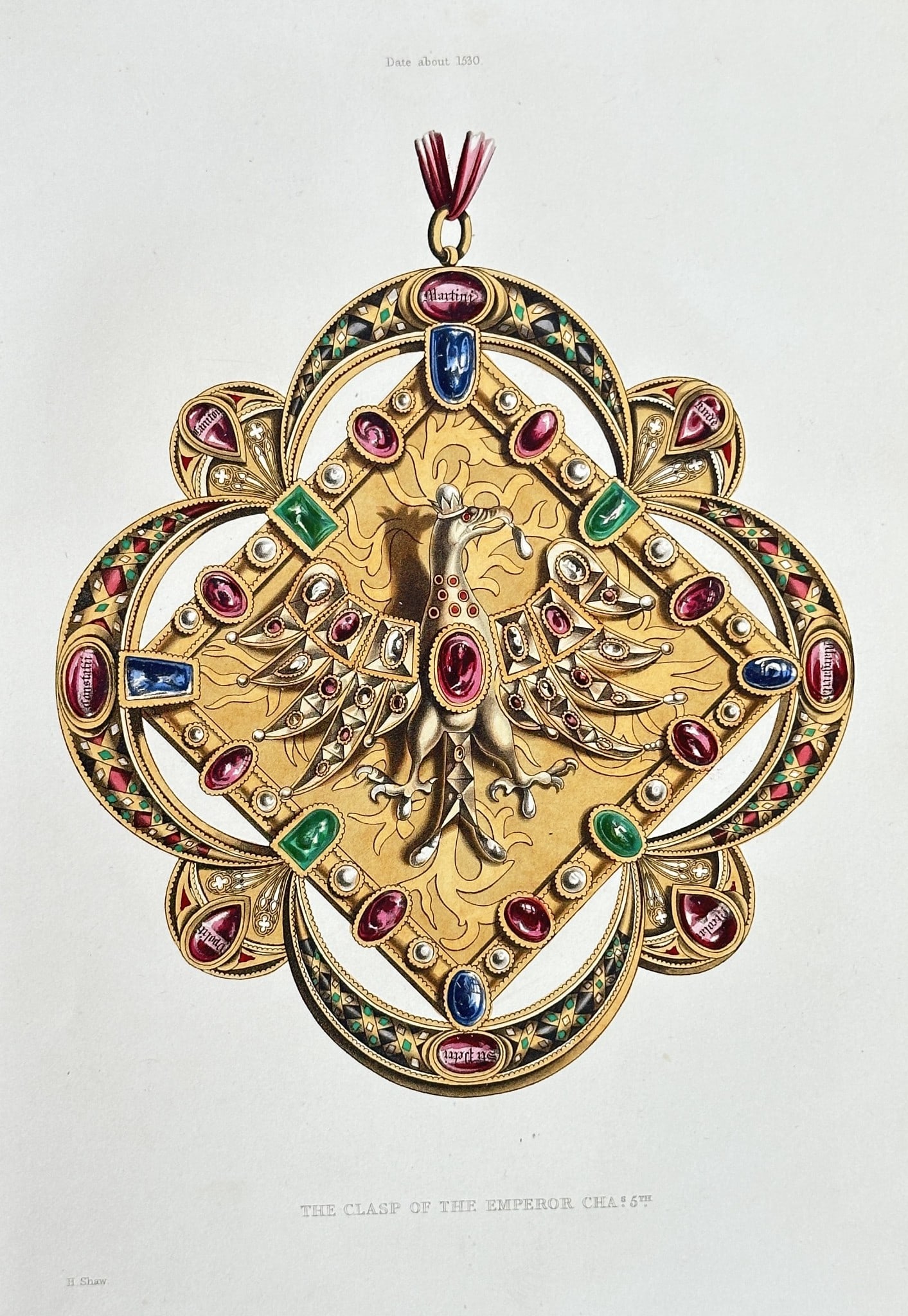 Henry Shaw (1800–1873) – The Clasp of the Emperor Charles V: This detailed color illustration depicts a magnificent jeweled Clasp, traditionally attributed to Emperor Charles V of the Holy Roman Empire (c. 1530). The highly ornate piece is rendered in gold, set