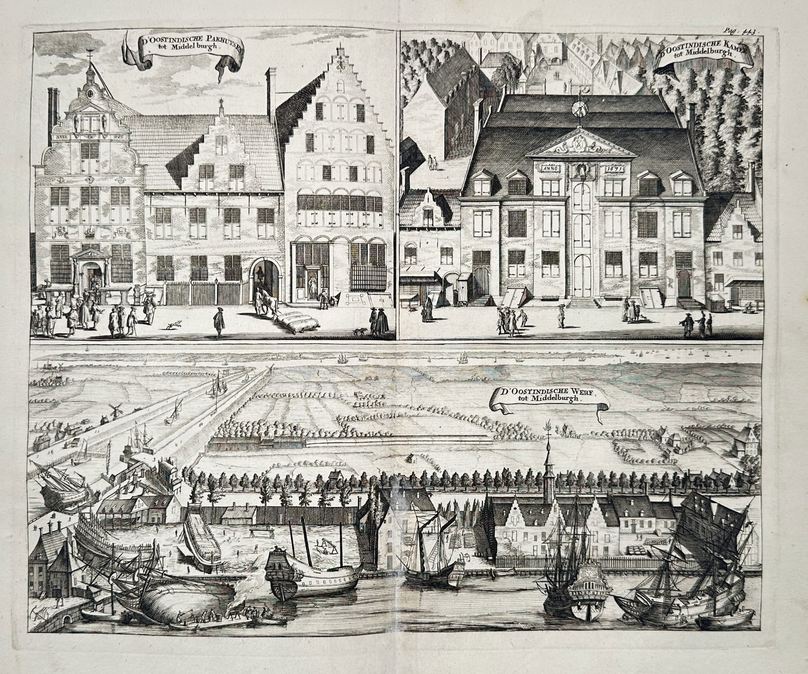 Matthaeus Smallegange – Views of Merchant Comptoirs and East India House: This engraving presents two detailed topographical views related to international trade in Middelburg, the capital of Zeeland. The upper panel depicts the adjacent buildings serving as the Comptoirs (