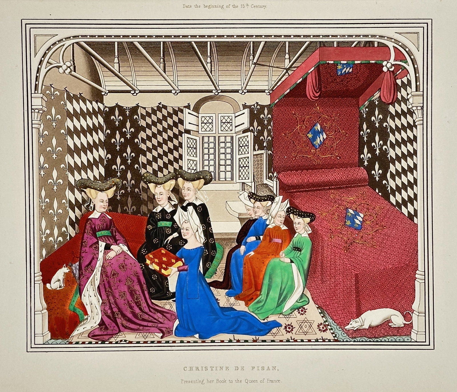 Henry Shaw – Christine de Pisan Presenting Her Book to the Queen of France: This highly detailed plate, titled Christine de Pisan, Presenting her Book to the Queen of France, illustrates a historical manuscript illumination from the early 15th century. The scene depicts the r
