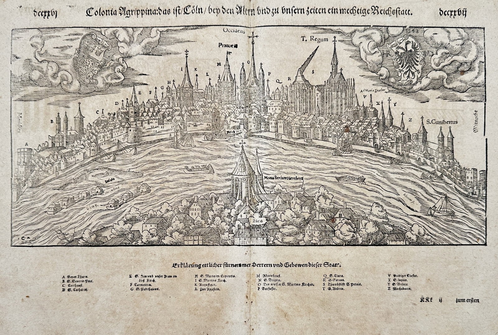 Sebastian Münster (1488–1552) – View of the City of Cologne: This print is a double-page folio sheet from a German edition of the monumental geographical treatise, the Cosmographia, featuring the running title Decerpt (Excerpt) and the main heading Colonia Agri