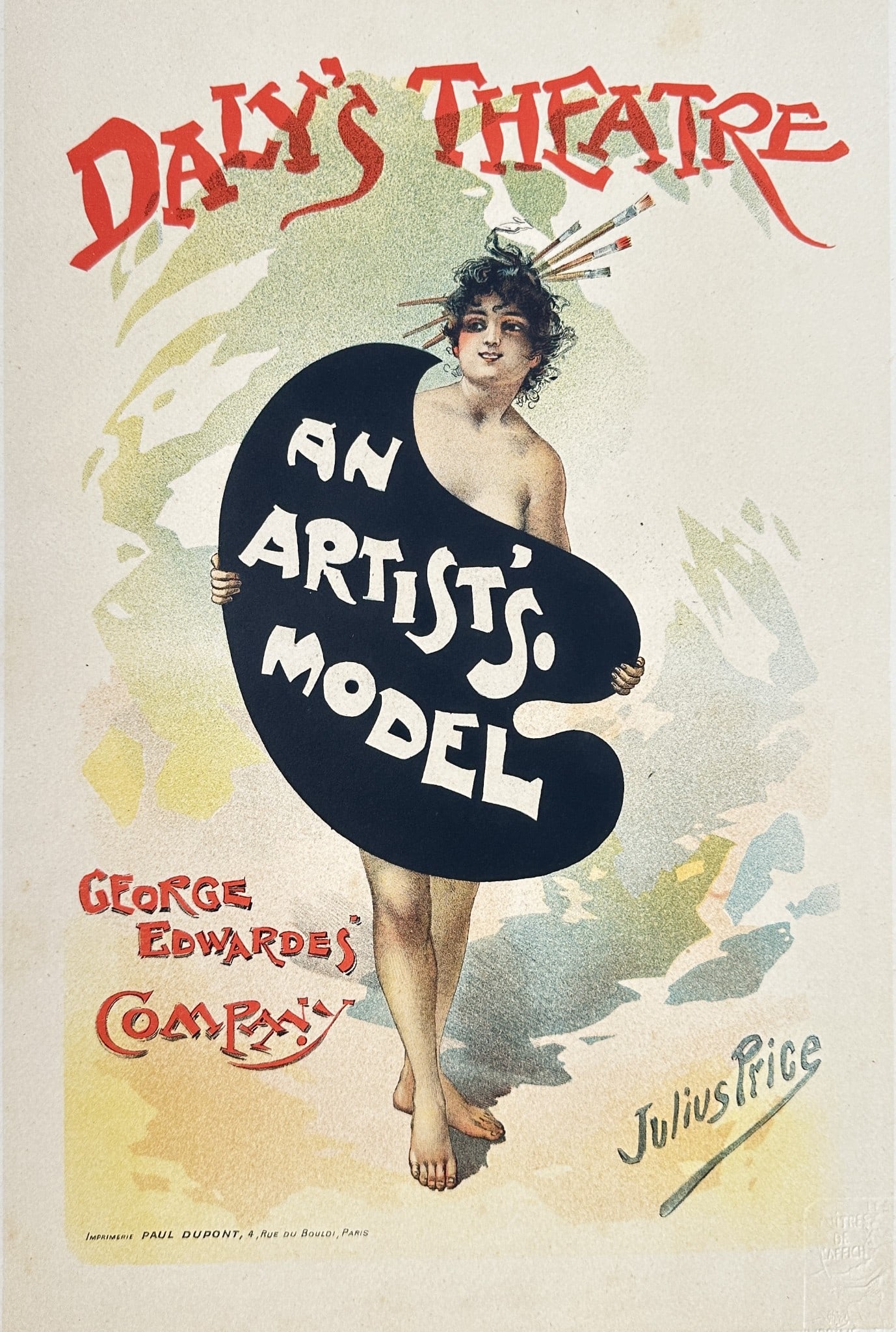Julius Mendes Price (1857–1924) – An Artist's Model (Poster Miniature) – Lithograph: This colorful lithographic print from the iconic French portfolio Les Maîtres de l'Affiche (The Masters of the Poster), published by Imprimerie Chaix in Paris. The image is a miniature reproduction o