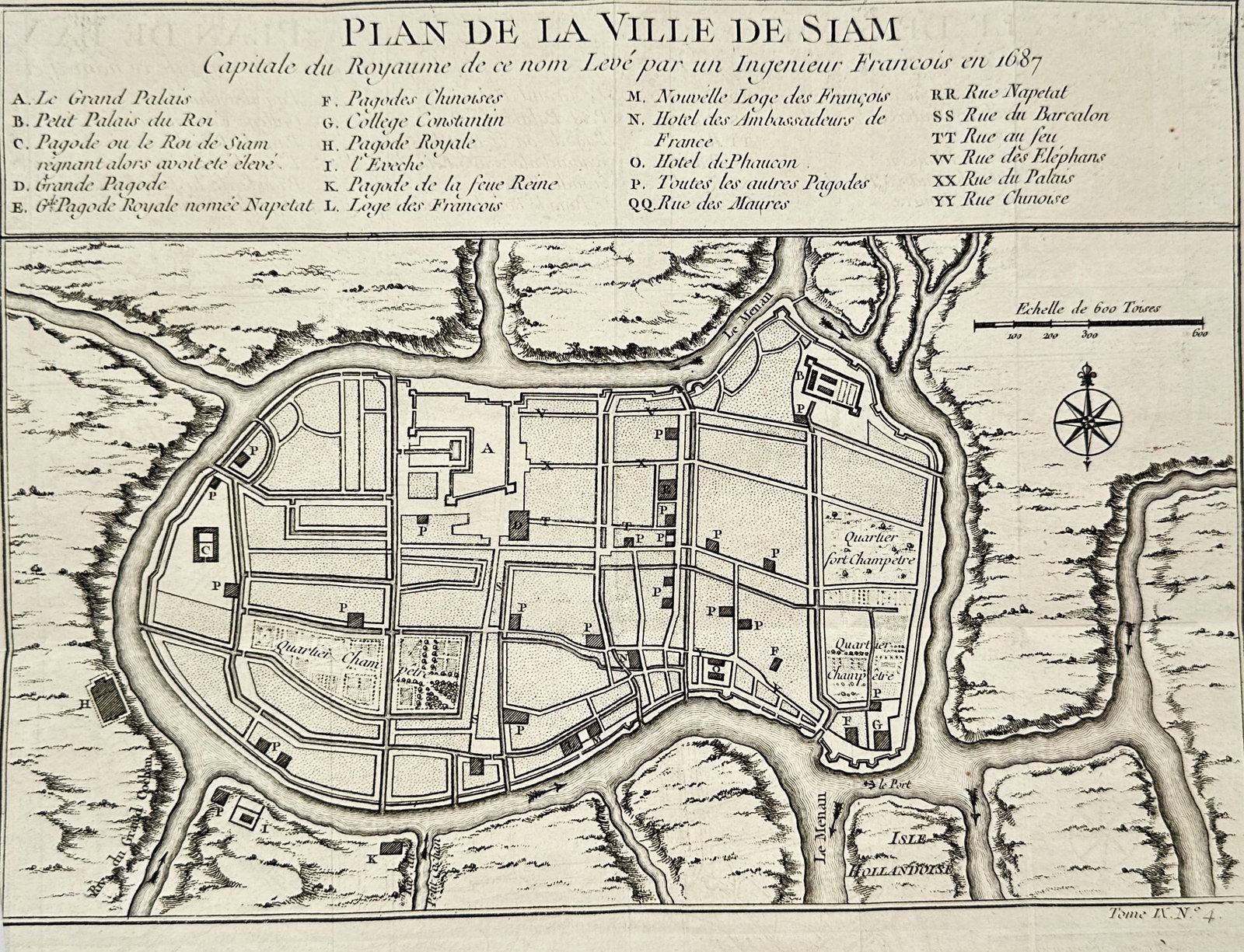 Jacques-Nicolas Bellin (1703–1772) – Map of the City of Ayutthaya: Plan de la Ville de Siam: This topographical city plan is titled Plan de la Ville de Siam (Plan of the City of Siam), but it specifically depicts Ayutthaya, Thailand, which was the capital of the Siamese Kingdom at the time of