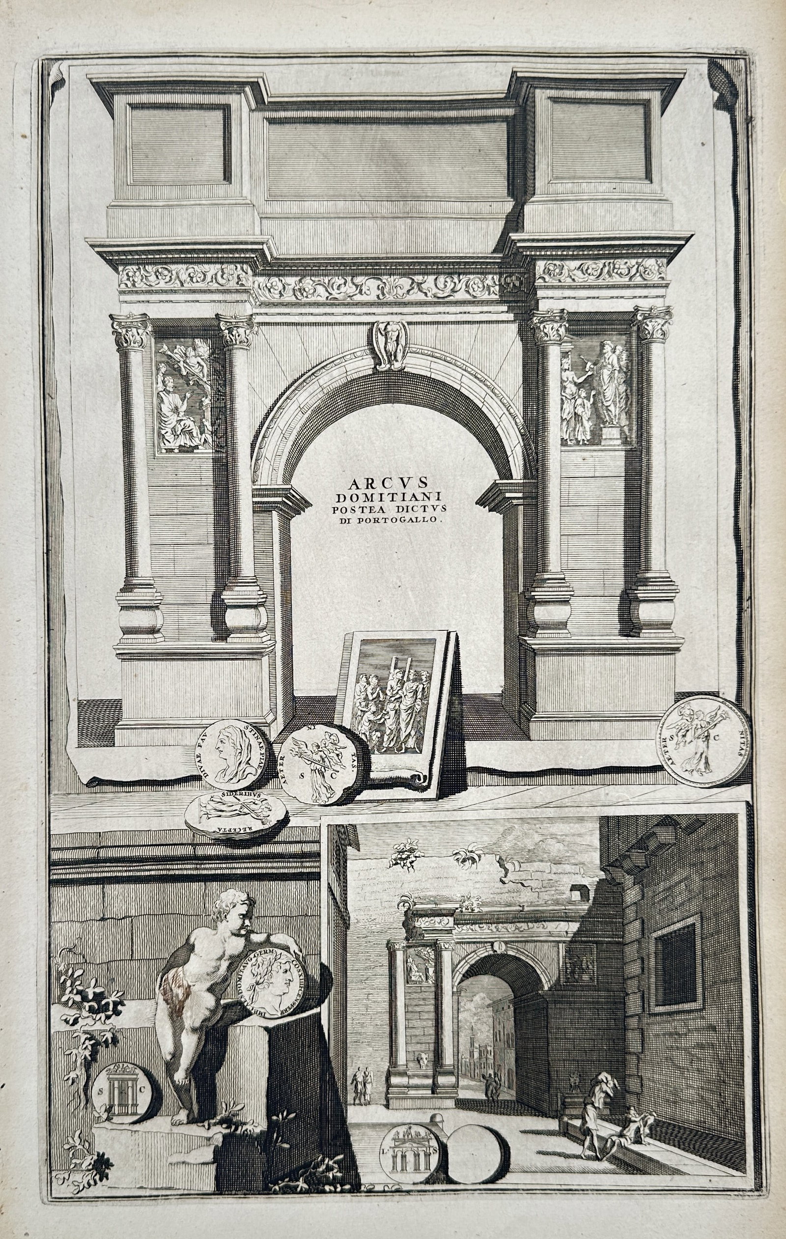 Jan Goeree (1670–1731) – Arch of Nerva in Rome – Engraving (c. 1725): This engraving features two views related to the Arch of Titus and potentially the Arch of Nerva in Rome. The upper panel presents an architectural reconstruction of the Arch of Titus, showing its dec