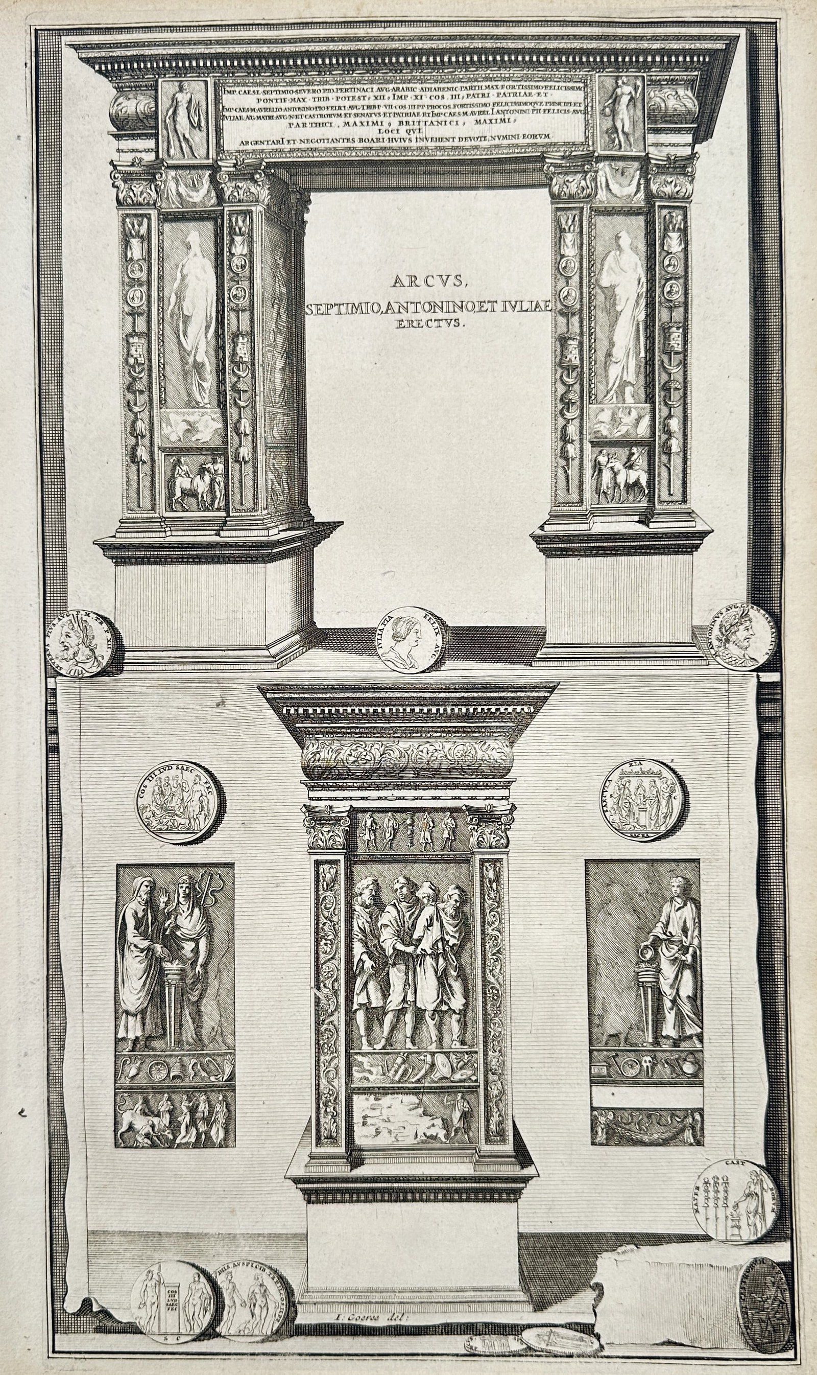 Jan Goeree (1670–1731) – Arch of Septimius Severus in Rome – Engraving (c. 1725): This engraving provides an antiquarian study of the Arch of Septimius Severus in Rome, dedicated to Emperor Septimius Severus and his sons, Caracalla and Geta, though the engraving title mentions Sept