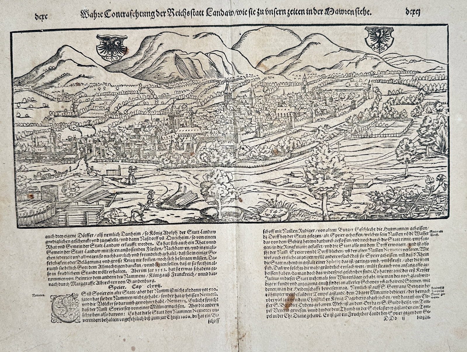 Sebastian Münster (1488–1552) – View of the Imperial City of Landau – Woodcut: This large, double-page woodcut presents a detailed panoramic and topographical bird's-eye view of the Imperial City of Landau, Germany. The print, titled "Wahre Conterfehtung der ReichStatt Landaw" (