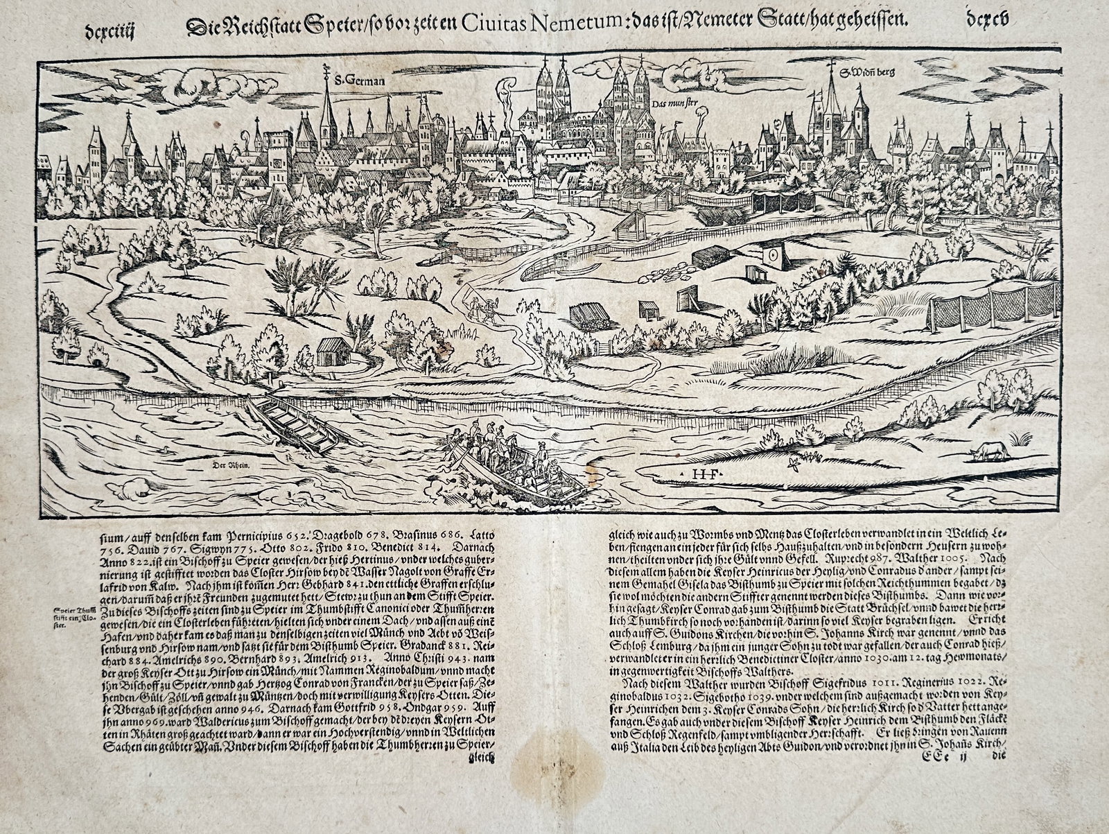 Sebastian Münster (1488–1552) – View of the Imperial City of Speyer, Germany – Woodcut: This large, double-page woodcut presents a detailed panoramic and topographical bird's-eye view of the Imperial City of Speyer, Germany. The print, titled "Die ReichStatt Speier," captures the extensi