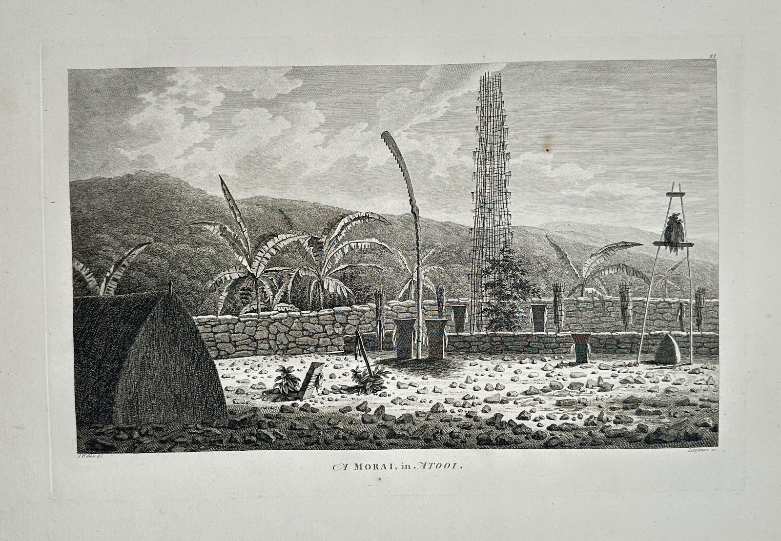 John Webber (1751–1793) – View of a Hawaiian Sacred Site (Heiau) on Kauai – Engraving (1 of 2)