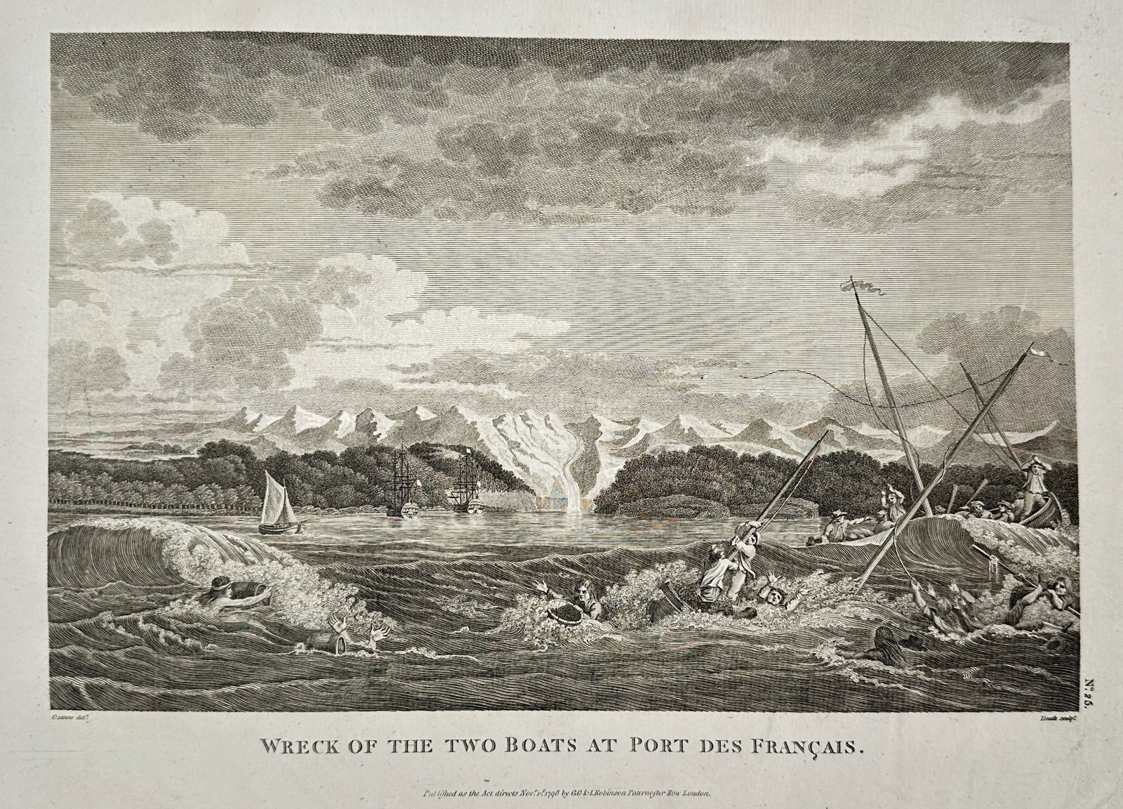 Jean François de Galaup, Comte de Lapérouse (1741–c. 1788) – Wreck of the Two Boats: This ethnographic print is titled Wreck of the Two Boats at French Port. The print was intended to document during the French voyage of exploration.Jean François de Galaup, Comte de Lapérouse, was a