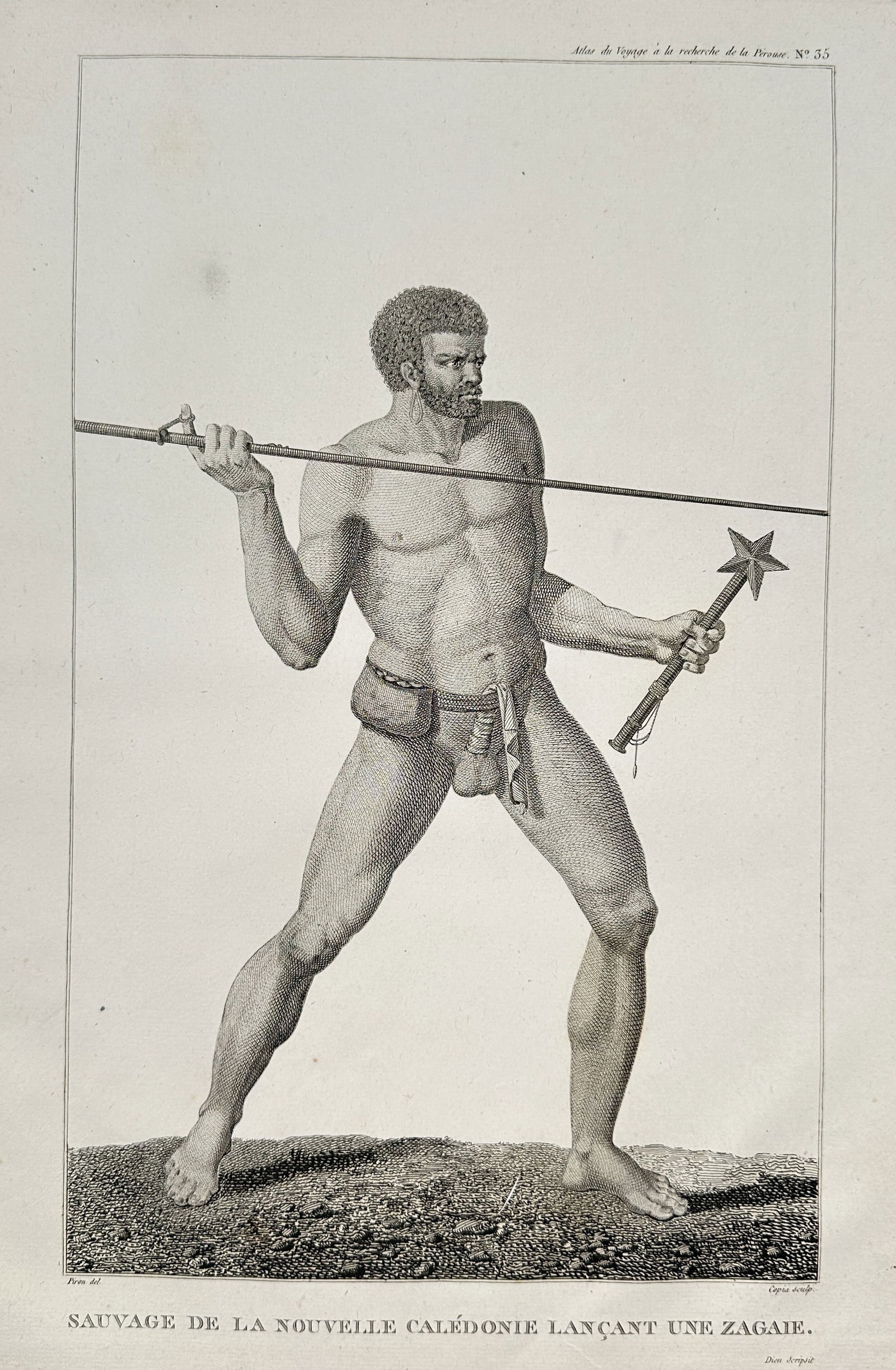 Jean Piron (Active c. 1791–1794) – Savage of New Caledonia throwing a Zagaie – Engraving (1 of 2)