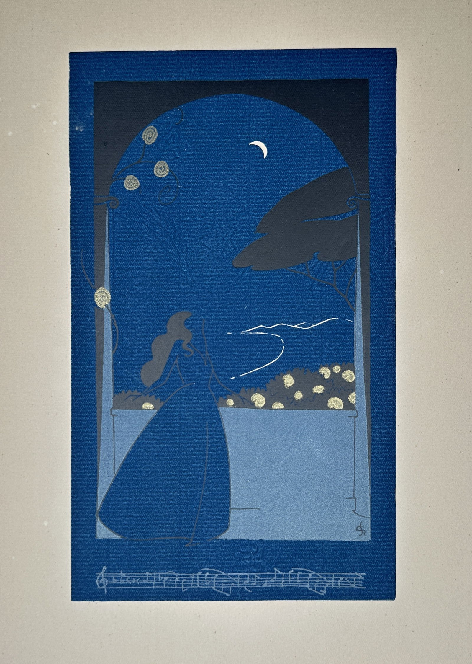 Unknown Artist – Nocturnal View with Woman and Crescent Moon – Offset print (20th) (1 of 2)