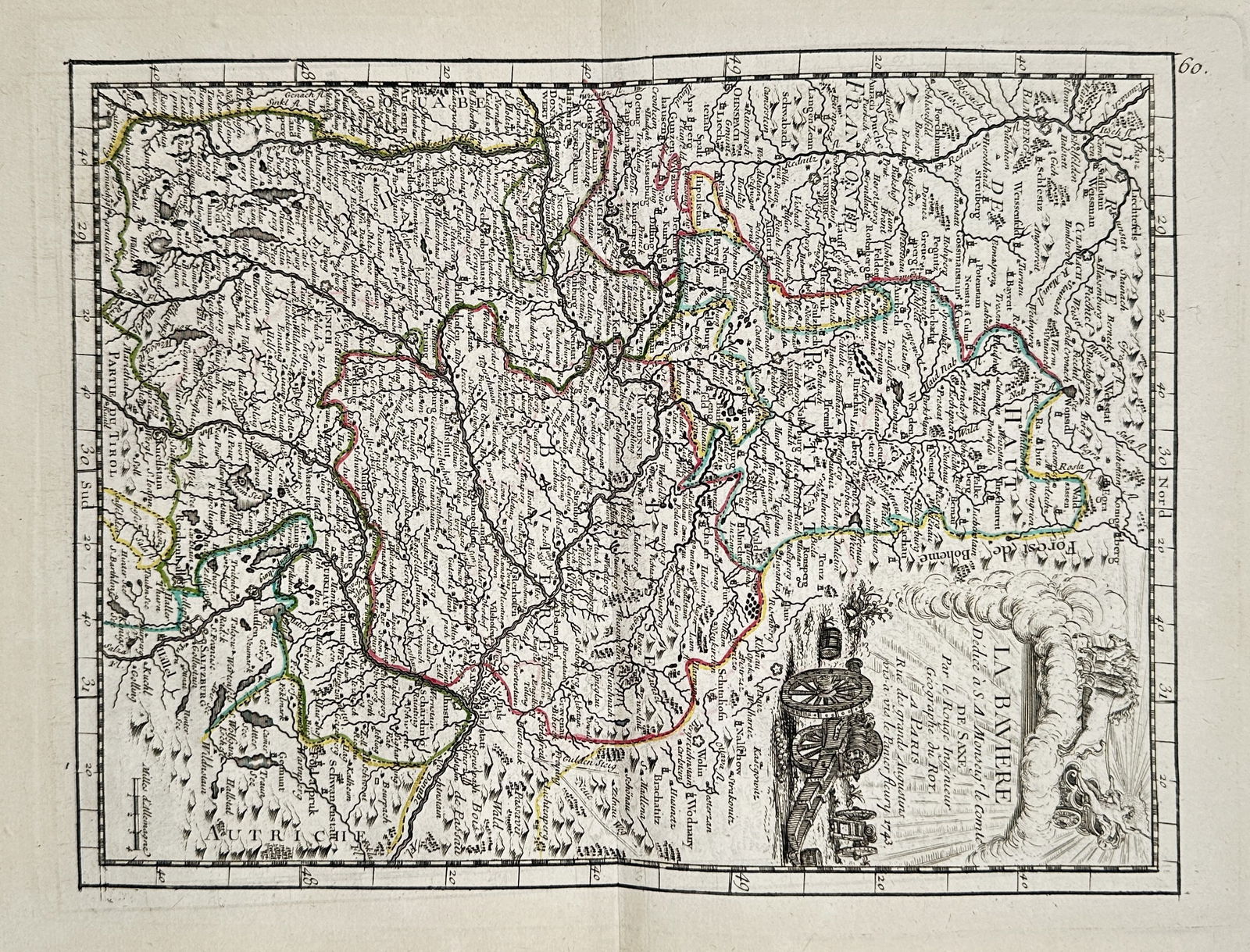 Georges-Louis Le Rouge (c. 1712–1790) – Map of Bavaria – Engraving with hand-coloring (18th: This engraving with hand-coloring is a detailed map of Bavaria (La Bavière), showing its major cities, rivers, and political boundaries. The title cartouche, located in the upper right, includes a de