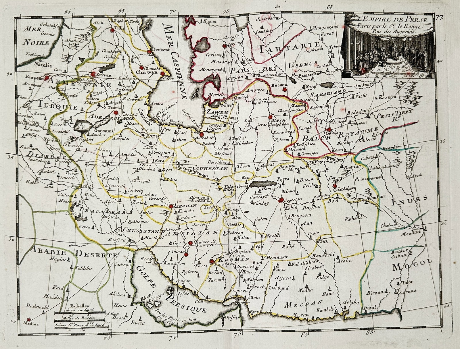 Georges-Louis Le Rouge (c. 1712–1790) – Map of the Persian Empire – Engraving: This engraving with hand-coloring depicts the vast Persian Empire (L' Empire de Perse), encompassing the region from Anatolia to the borders of the Mogol Empire, including the Caspian Sea, Persian Gul