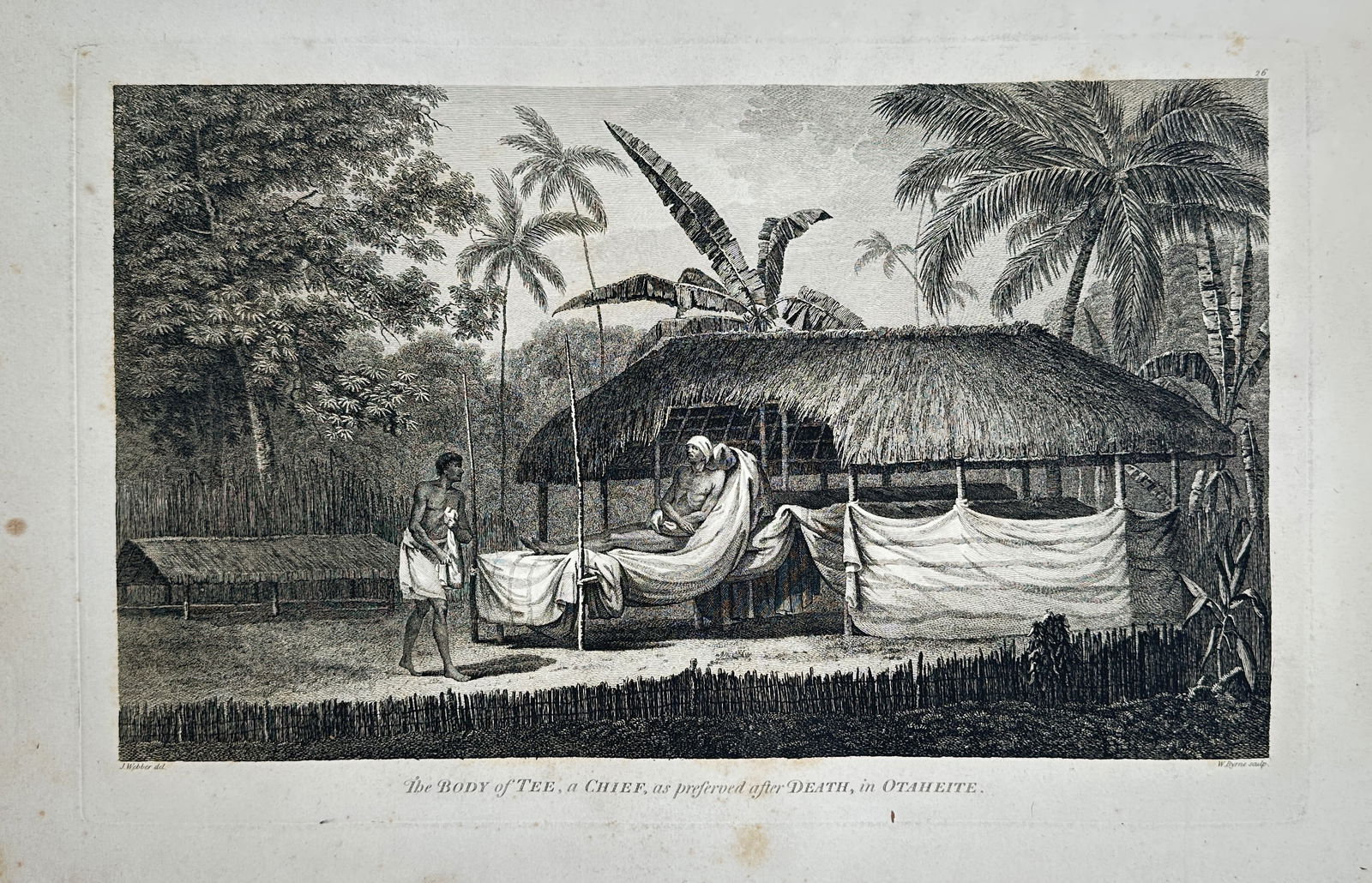 John Webber – The Body of Tee, a Chief, as Interred after Death, in Otaheite – Engraving: This engraving, Plate 14, depicts a traditional funerary scene in Tahiti (Otaheite), showing the body of a deceased chief named Tee placed under a thatched shelter near palm trees, illustrating a spec