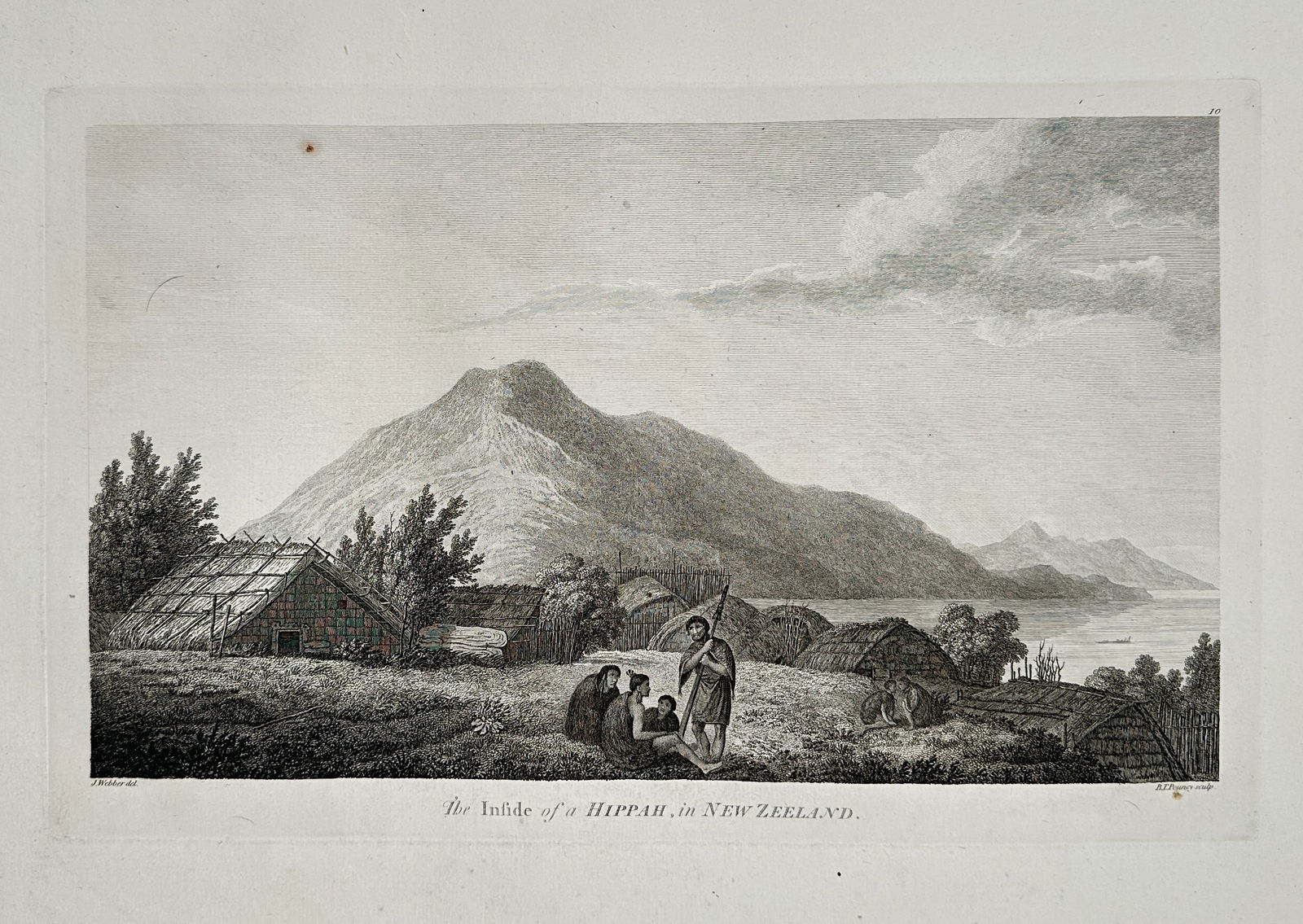 John Webber (1751–1793) – The Inside of a Hippah, in New Zealand – Engraving (18th Century): This large-format engraving, Plate 32, depicts a scene in New Zealand showing a fortified M?ori settlement (hippah or p?) situated near a body of water beneath a steep, conical mountain. The foregroun