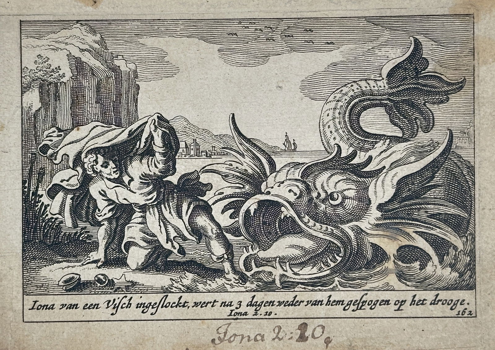 Matthäus Merian (1593–1650) – Jonah Cast Out by the Great Fish – Engraving: This engraving, Plate 162, depicts the biblical scene from Jonah 2:10, showing the prophet Jonah being expelled from the mouth of the great fish onto the dry land after three days. The monstrous sea c