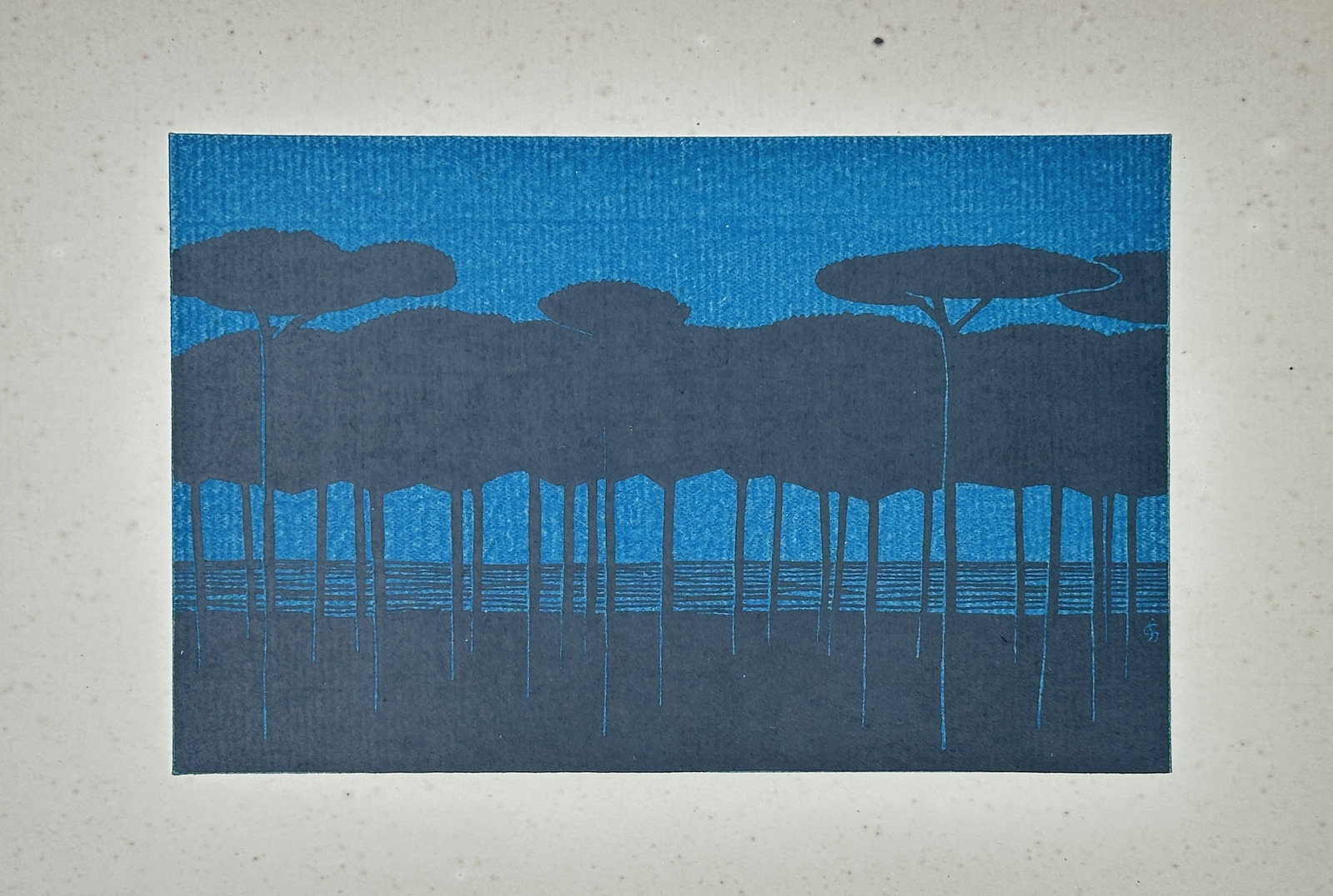 Gaston Stéphane (20th Century) – Stylized Landscape of Trees Against a Blue Sky – Color Woodcut: This color woodcut presents a highly stylized and reductive landscape, dominated by the stark silhouette of a row of trees against a brilliant blue sky and background. The composition employs bold, ge