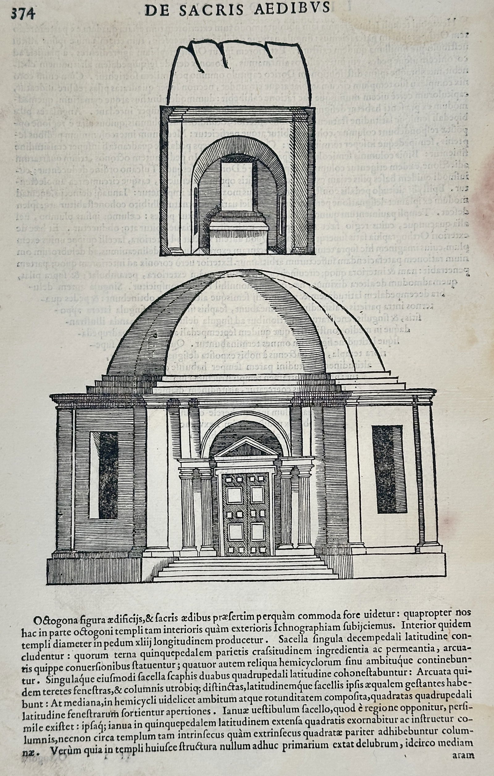 Sebastiano Serlio (1475–1554) – Design for a Circular Temple (De Sacris Aedibus) – Woodcut (1 of 2)