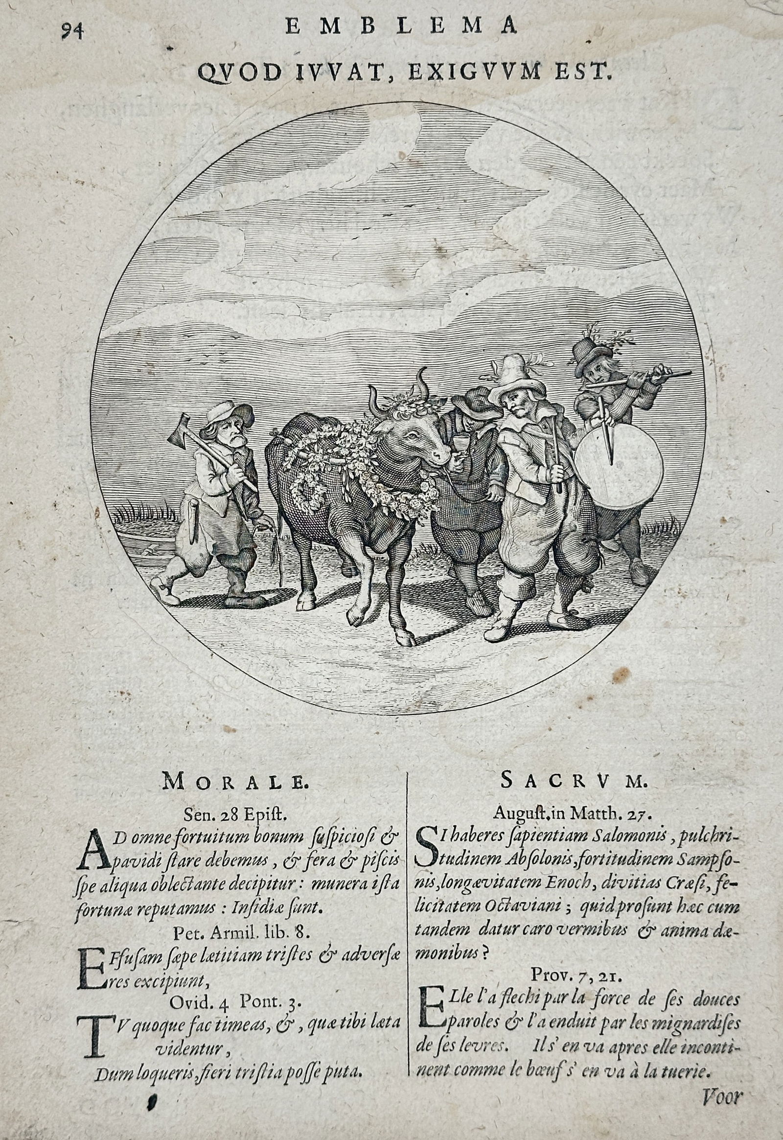 Jacob Cats – The Useful is Little (Emblem 94) – Engraving (Mid-17th Century): This engraving, Emblem 94, depicts a rural scene within a roundel showing a decorated ox or cow being led by two figures, one playing a musical instrument. The print is annotated with the Latin title