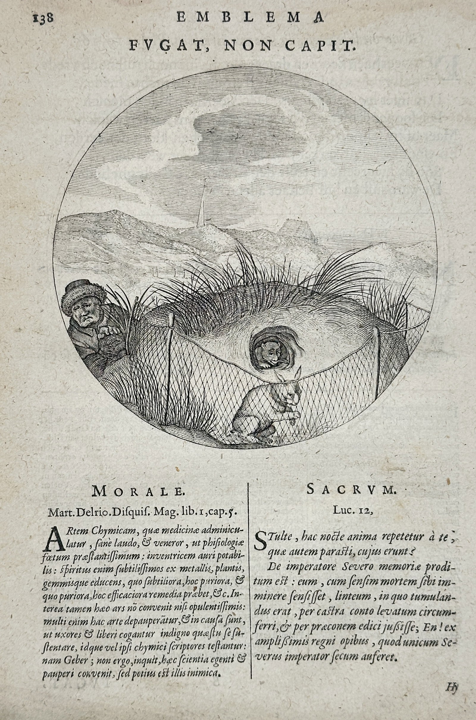 Jacob Cats – It Drives Away, But Does Not Capture (Emblem 138) – Engraving: This engraving, Emblem 138, depicts a rural scene within a roundel showing a small, furry animal caught in a hidden net or snare set into the ground, while a hunter watches nearby. The print is annota