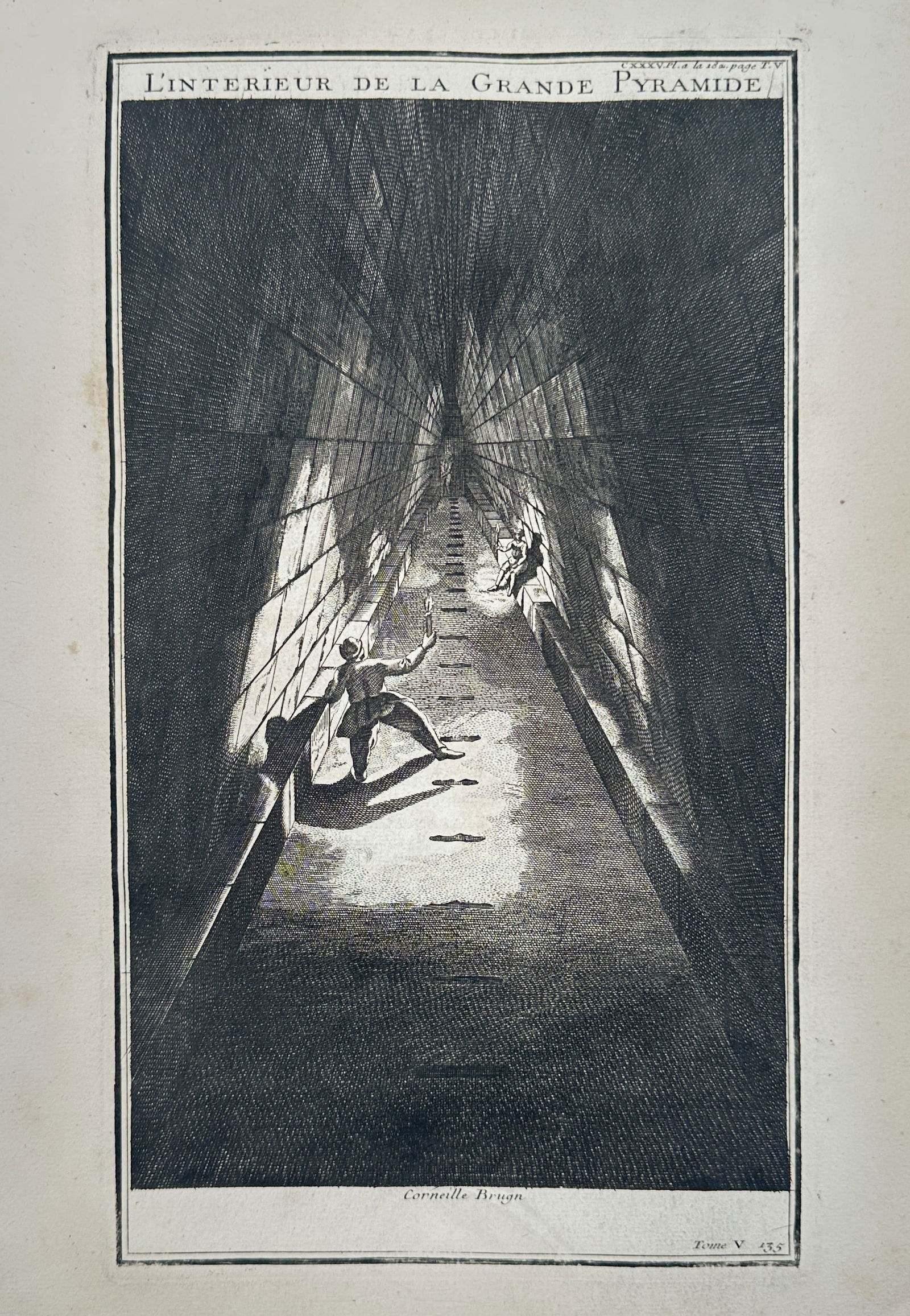 Cornelis de Bruijn (1652–1727) – The Interior of the Great Pyramid – Engraving ( 18th Century): This engraving, Plate 60, depicts a dramatic interior view of a long, steeply inclined passage, specifically the Grand Gallery within the Great Pyramid of Giza, Egypt. The scene uses strong contrast a