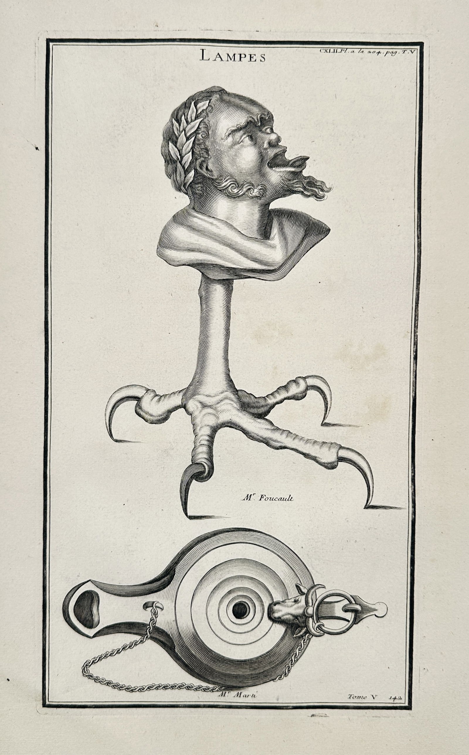 Bernard de Montfaucon – Study of Ancient Lamps, including a Taloned Bust Stand – Engraving (1 of 2)