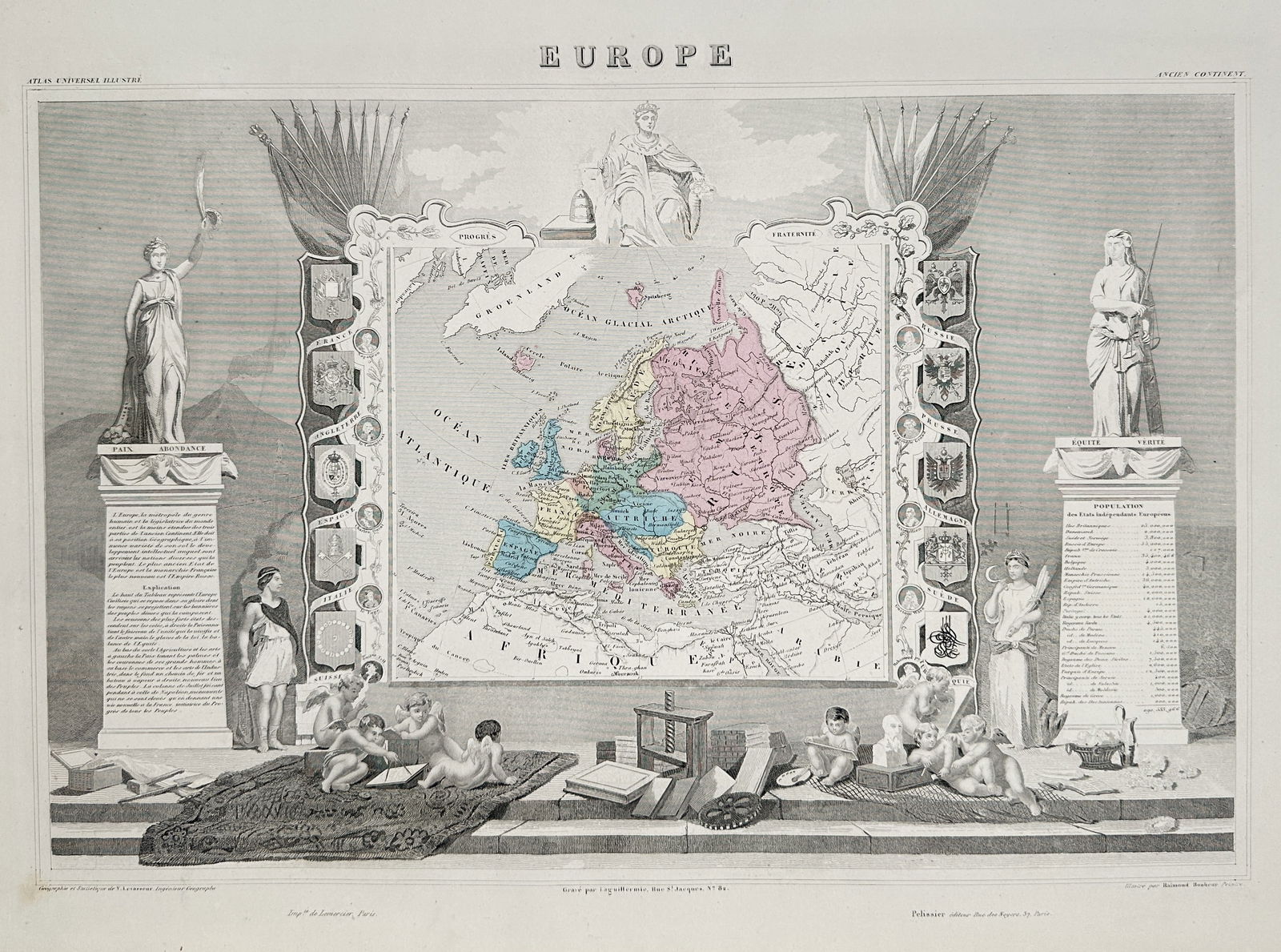 Victor Levasseur – Map of Europe – Steel engraving with hand-coloring (Mid-19th Century) (1 of 2)