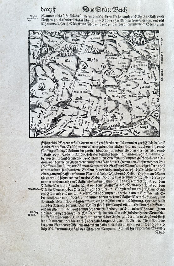 Sebastian Munster (1488–1552) – Germany - Antique Region of the Allgäu in Swabia: This antique woodcut is from a later edition of Sebastian Munster’s Cosmographia. The woodcut depicts the Allgäu region of southern Germany, showing its cities, rivers, and topography. The work is