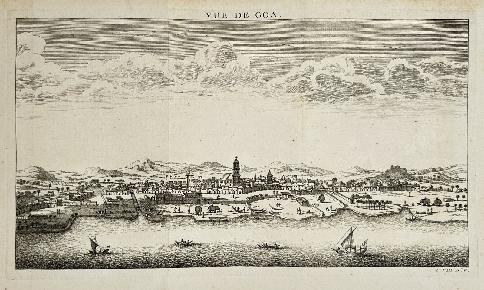 Antoine-François Prévost d'Exiles (1697–1763) – View of Goa (Vue de Goa): This striking horizontal topographical print illustrates a wide vista of the Portuguese colonial city of Goa, India, captured from across the Mandovi River. The view showcases the city's prominent arc