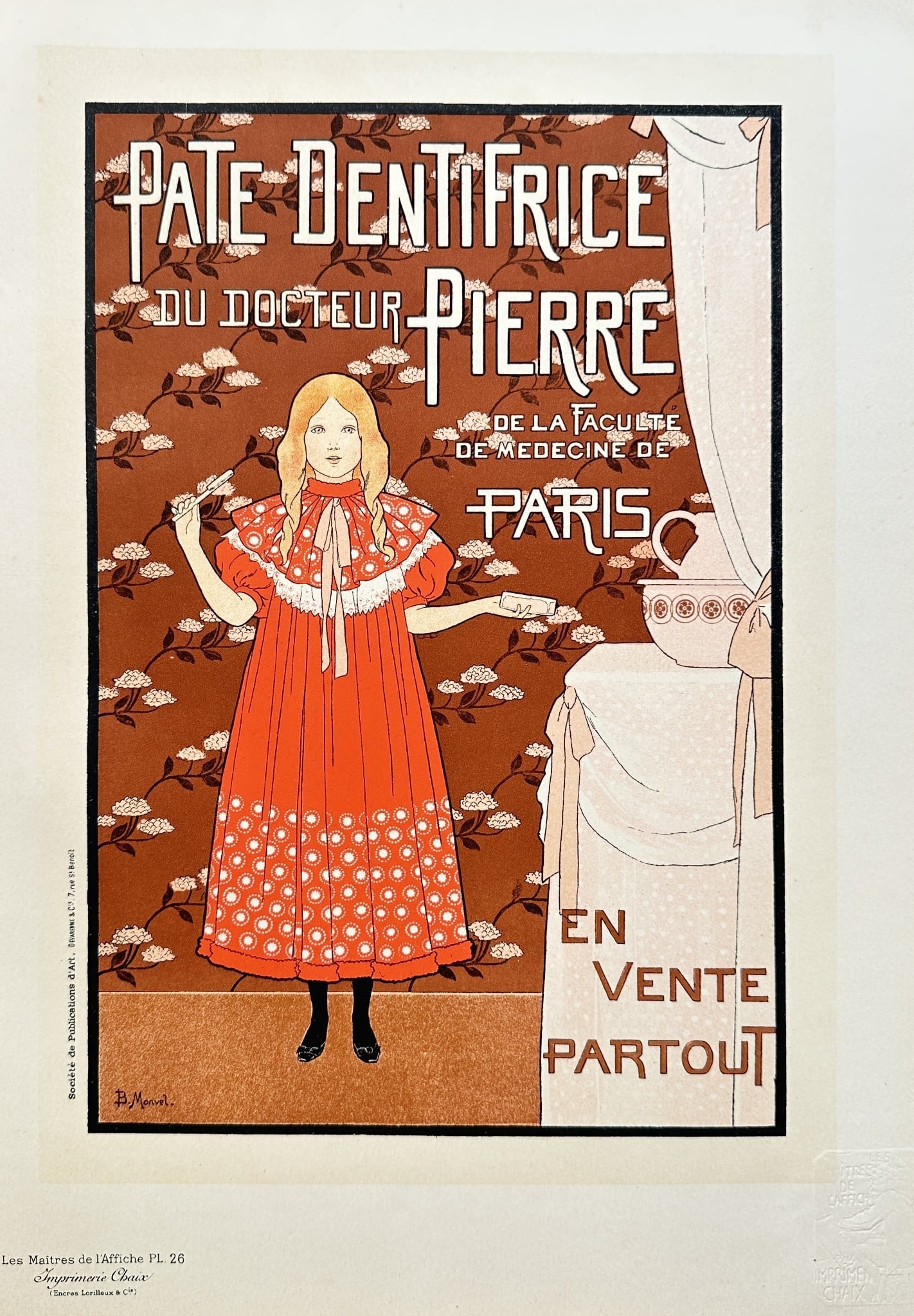 B. Mignot – Dr. Pierre's Toothpaste – Colour lithograph (Circa 1896): This colour lithograph is a print of an advertisement for Dr. Pierre's Toothpaste. The poster, which advertises "Incandescence par le Gaz," is a vertical composition featuring a stylized person in a r