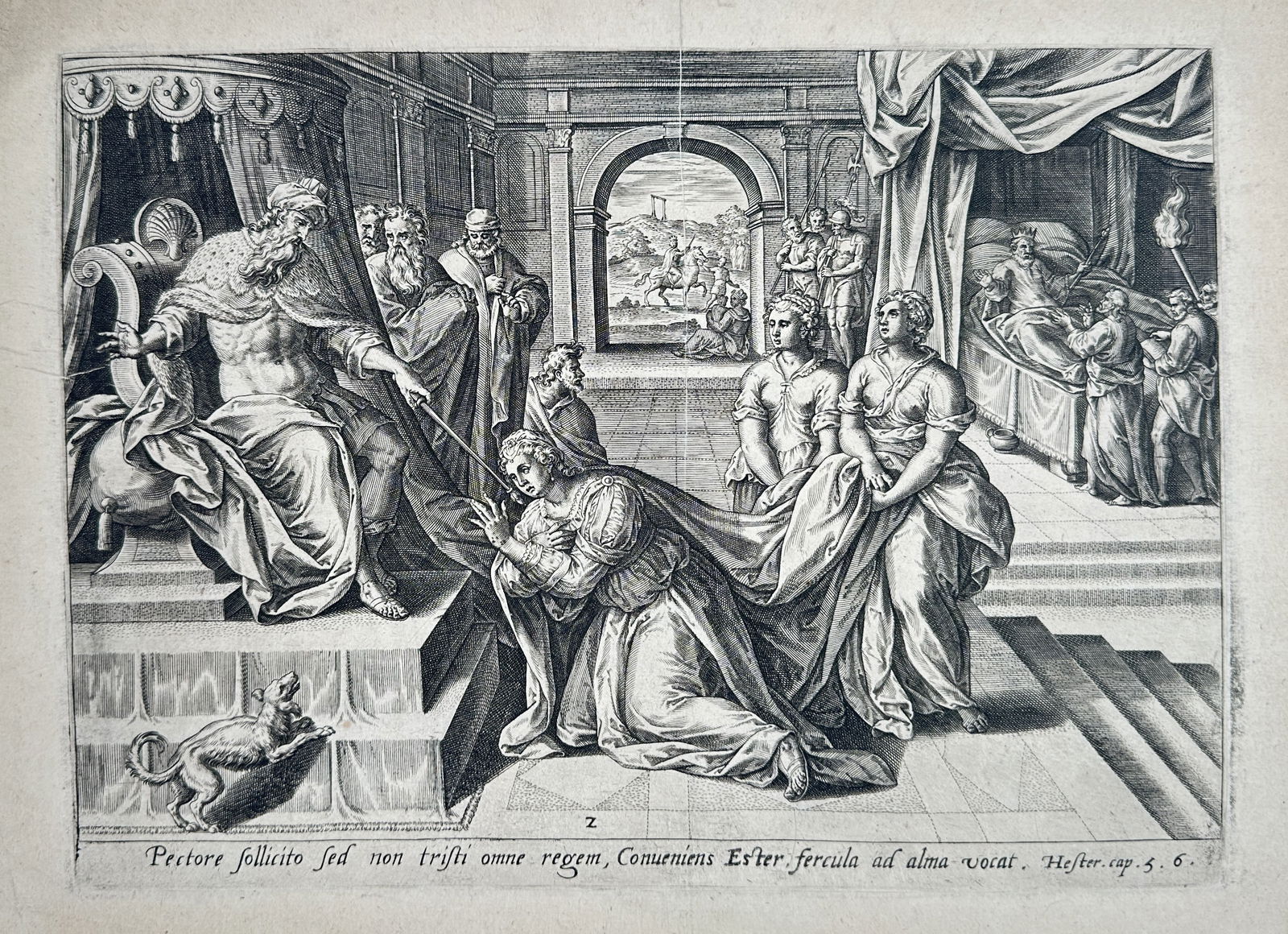 Jan Collaert I (c. 1530–1580) – Esther Before King Ahasuerus – Engraving (c. 1585) (1 of 2)