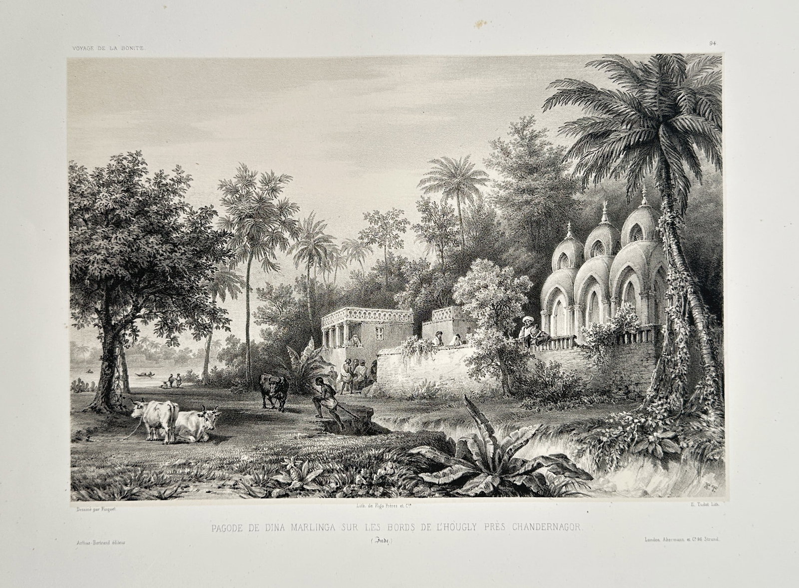 Louis-Auguste de Sainson (1800–1887) – Pagoda of Dina Marlinga, on the banks of the Hooghly: This topographical and ethnographic print is titled Pagoda of Dina Marlinga, on the banks of the Hooghly, near Chandannagar, India.The highly detailed rendering of the architecture and landscape sugge
