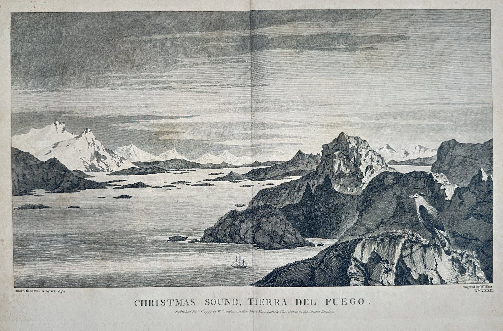 William Hodges (1744–1797) – Christmas Sound, Tierra del Fuego – Engraving (1777): This magnificent topographical print depicts the rugged, mountainous landscape of Christmas Sound, Tierra del Fuego, at the southern tip of South America. The print captures the stark, dramatic beauty