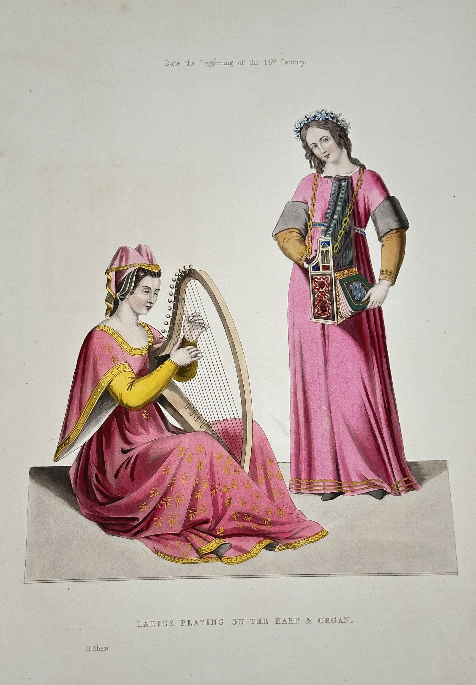 Henry Shaw (1800–1873) – Ladies Playing on the Harp & Organ – Lithograph with hand-coloring: This historical costume and music illustration is titled Ladies Playing on the Harp & Organ. The print depicts two elegantly dressed women in historical attire, dated to "the beginning of the 14th Cen