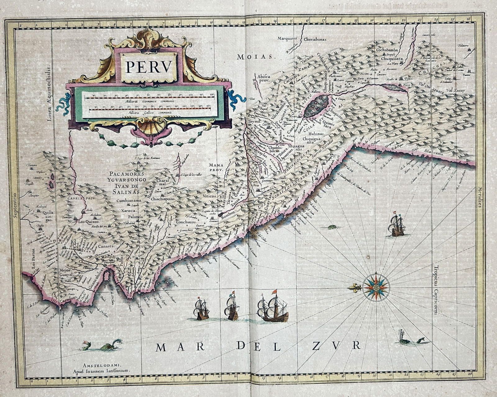Johannes Janssonius (1588–1664) – Map of Peru – Engraving with hand-coloring: This engraving with hand-coloring depicts the Spanish colonial territory of Peru, illustrating the Pacific coastline, the mountainous interior of the Andes, and the South Sea (Mar del Zvr) adorned wit