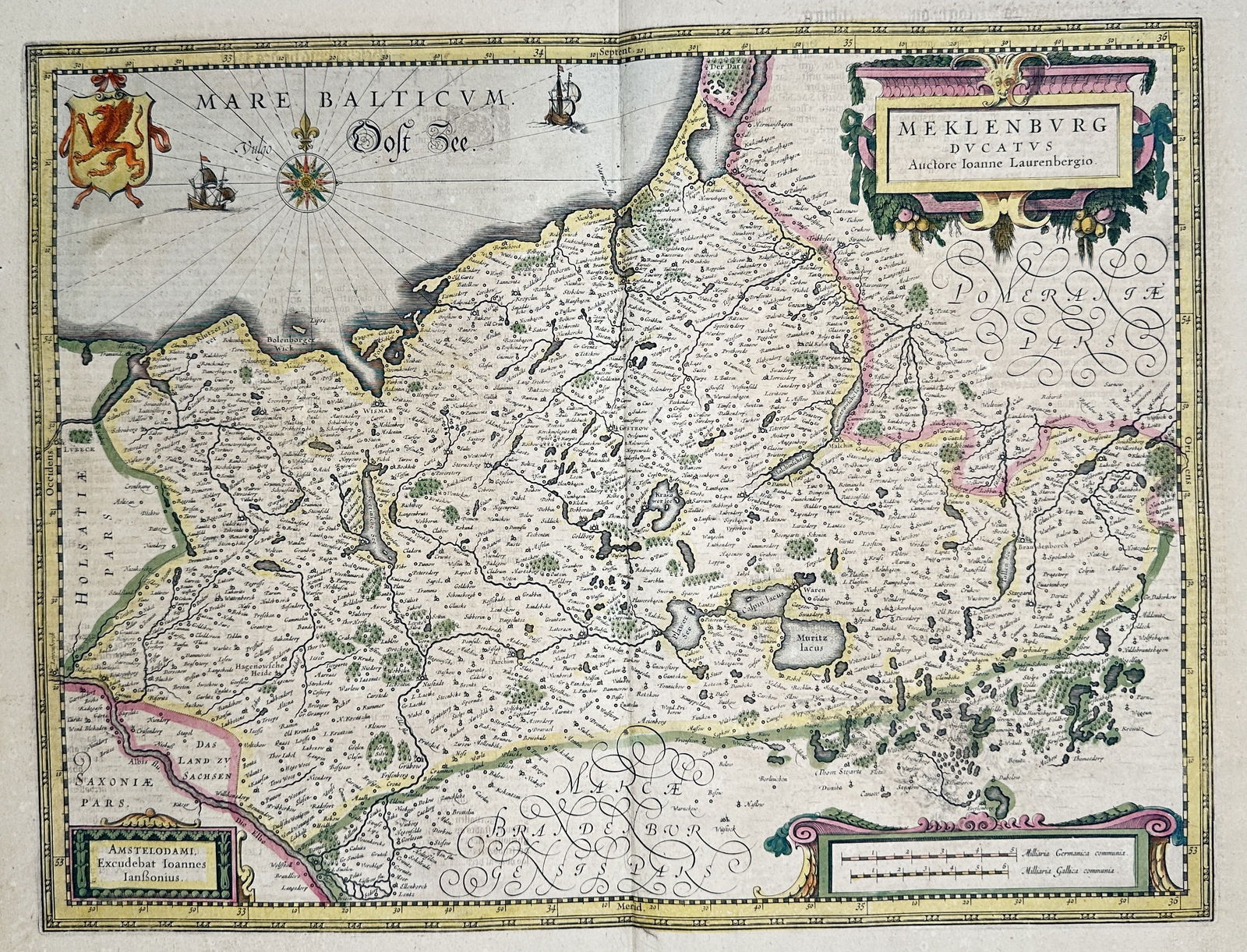 Johannes Janssonius (1588–1664) – Map of Mecklenburg (Germany) – Engraving: This engraving with hand-coloring depicts the Duchy of Mecklenburg (Meklenburg), a region in Northern Germany, including its coastline along the Baltic Sea (Mare Balticum). The map features a decorati