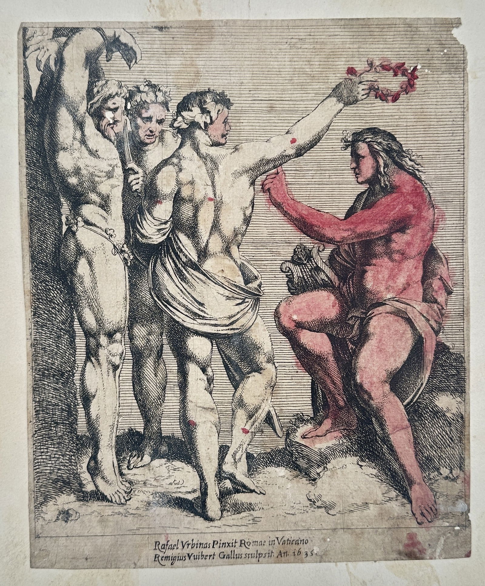 Rémy Vuibert (c. 1600–1652) – Apollo Flaying Marsyas – Etching (1635): This etching depicts the mythological scene of Apollo flaying Marsyas, based on a fresco painted by Raphael in the Vatican Loggia. The composition illustrates the satyr Marsyas bound to a tree while A