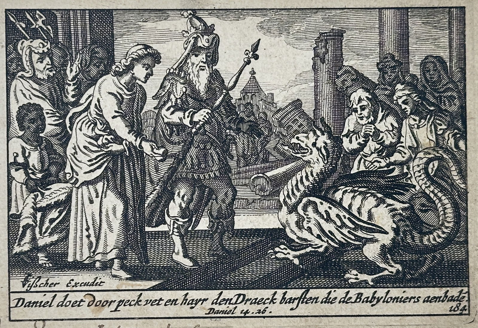 Matthäus Merian (1593–1650) – Daniel Destroys the Dragon of Babylon – Engraving (1 of 2)