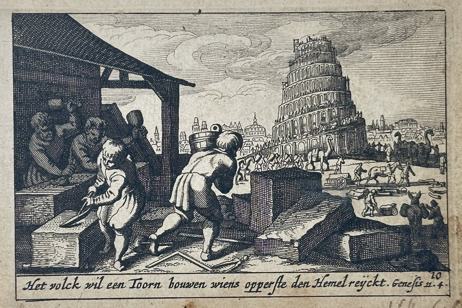 Matthäus Merian (1593–1650) – The Building of the Tower of Babel – Engraving (17th Century) (1 of 2)