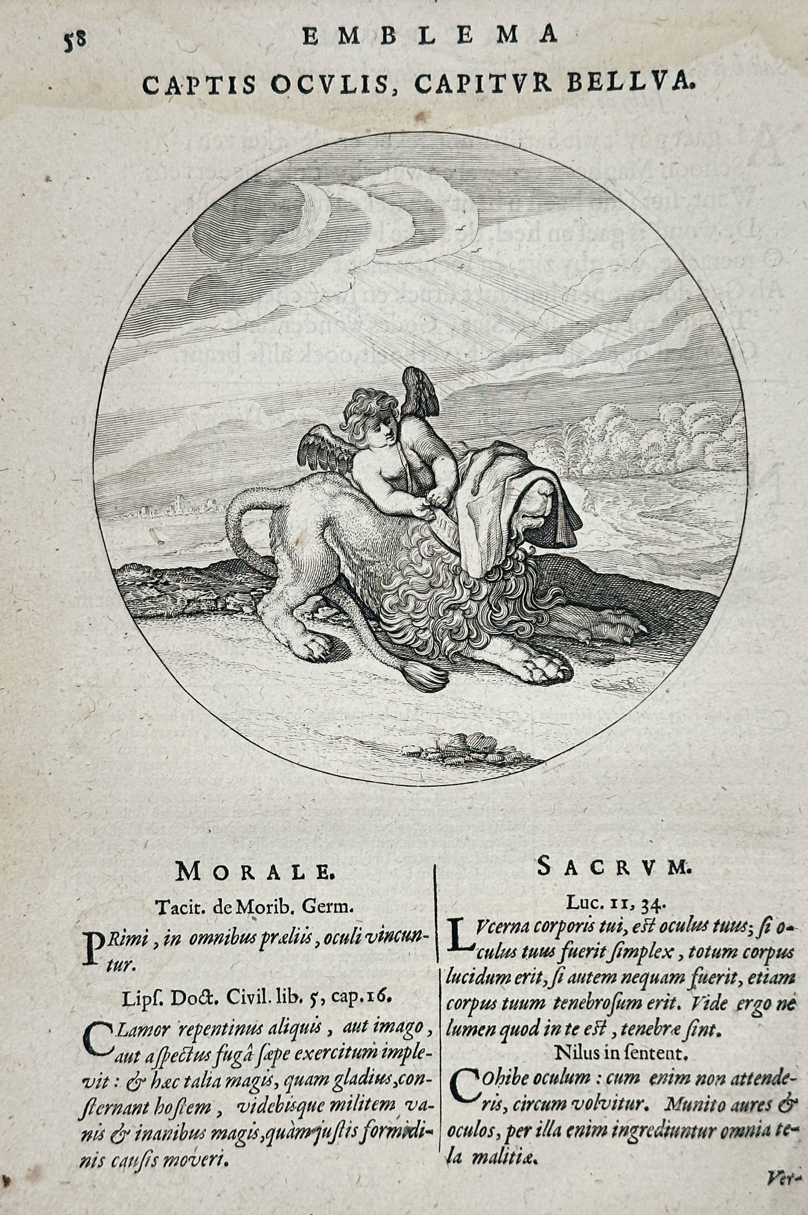 Jacob Cats (1577–1660) – Emblem: With the Eyes Captured, the Beast is Captured – Engraving (1 of 2)