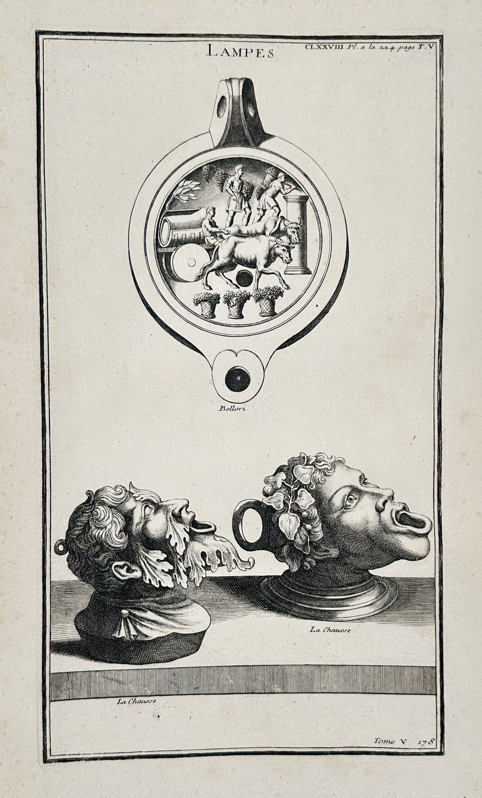 Bernard de Montfaucon – Illustrations of Ancient Roman Lamps Shaped as Heads and Decorative Discs (1 of 2)