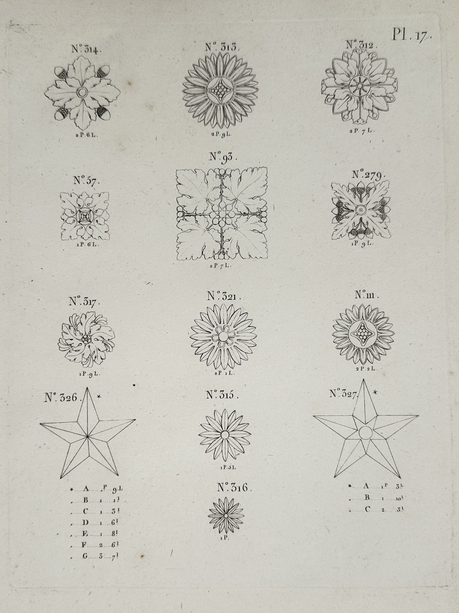 Joseph Beunat (Active 1805–1825) – Architectural Ornaments and Rosettes – Engraving: This engraving depicts a collection of thirteen distinct neoclassical architectural ornaments and rosettes, arranged in a grid-like composition. The designs include various floral and foliate motifs,