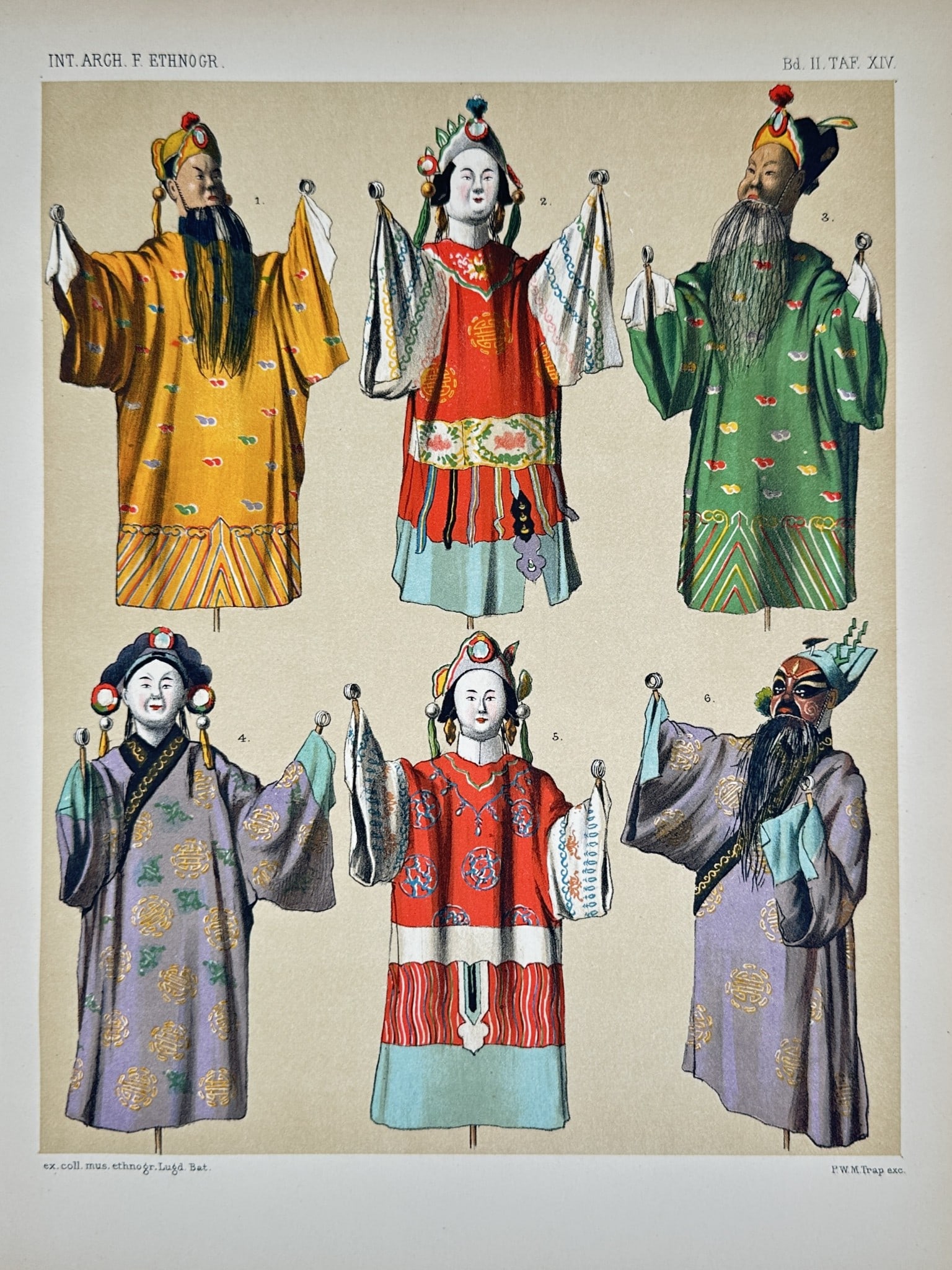 Pieter Willem Marinus Trap (1852–1905) – Chinese Hand Puppets - Hand-colored engraving (1 of 2)