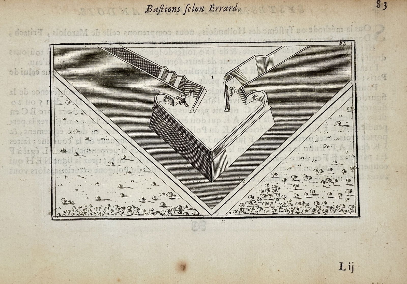 Jan Peeters I (1624–1677) – Bastions according to Errard – Engraving (1672): This engraving depicts a technical architectural study of a defensive fortification titled Bastions selon Errard. The composition shows a bird's-eye view of a star-shaped bastion system, highlighting