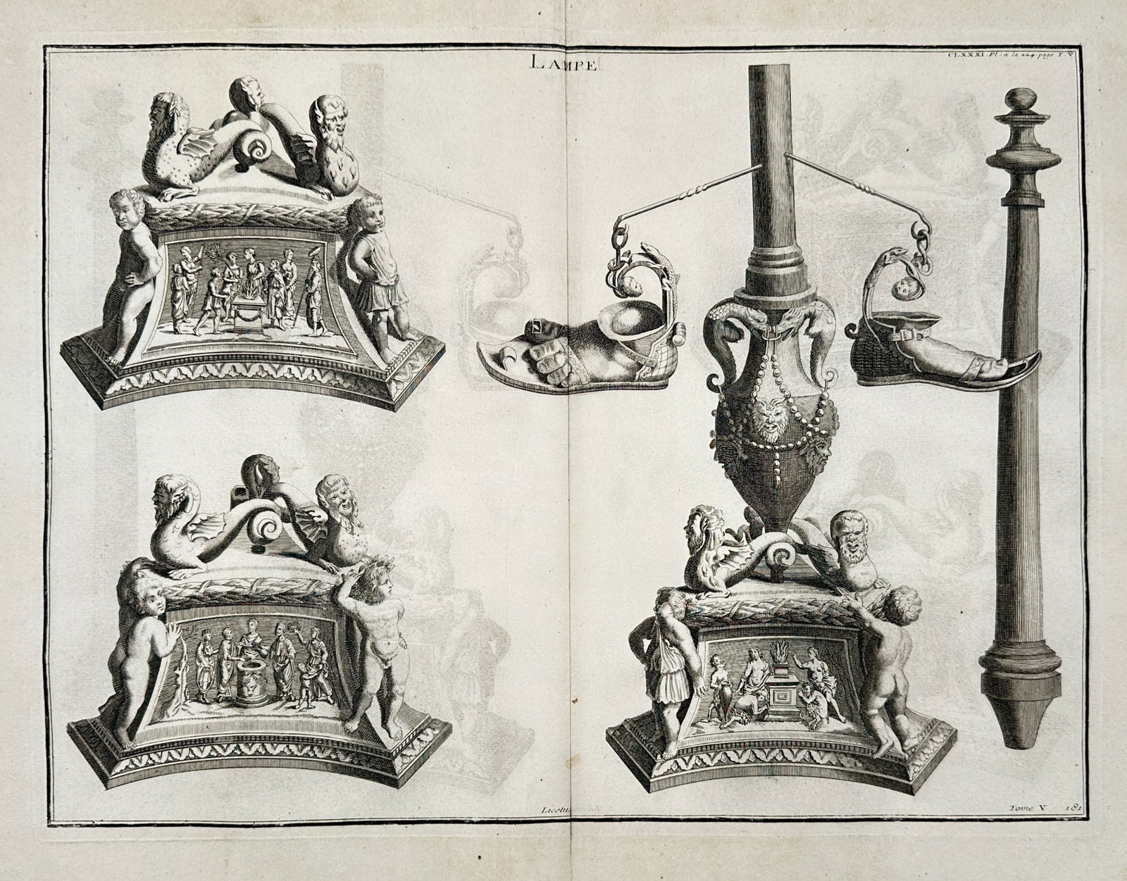 Bernard de Montfaucon (1655–1741) – Classical Oil Lamps and Ornate Bases – Engraving (1 of 2)