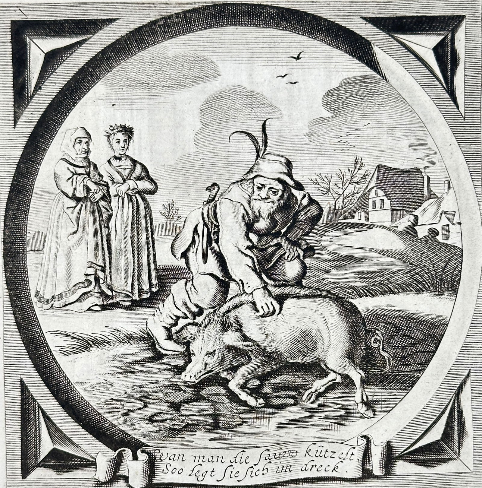 Jacob Cats (1577–1660) – Man Taming a Sow – Engraving (1630–1660) (1 of 3)